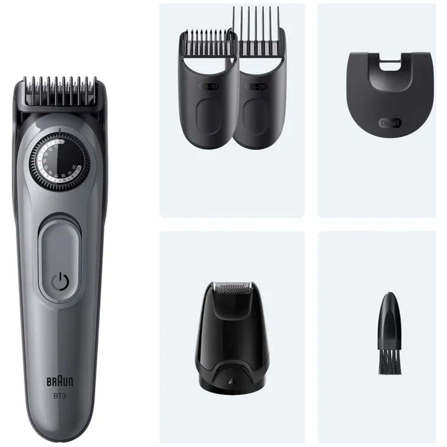 A Braun BT3 beard trimmer and its accessories are displayed on a white background. Components include guards, a detail head, and a brush.