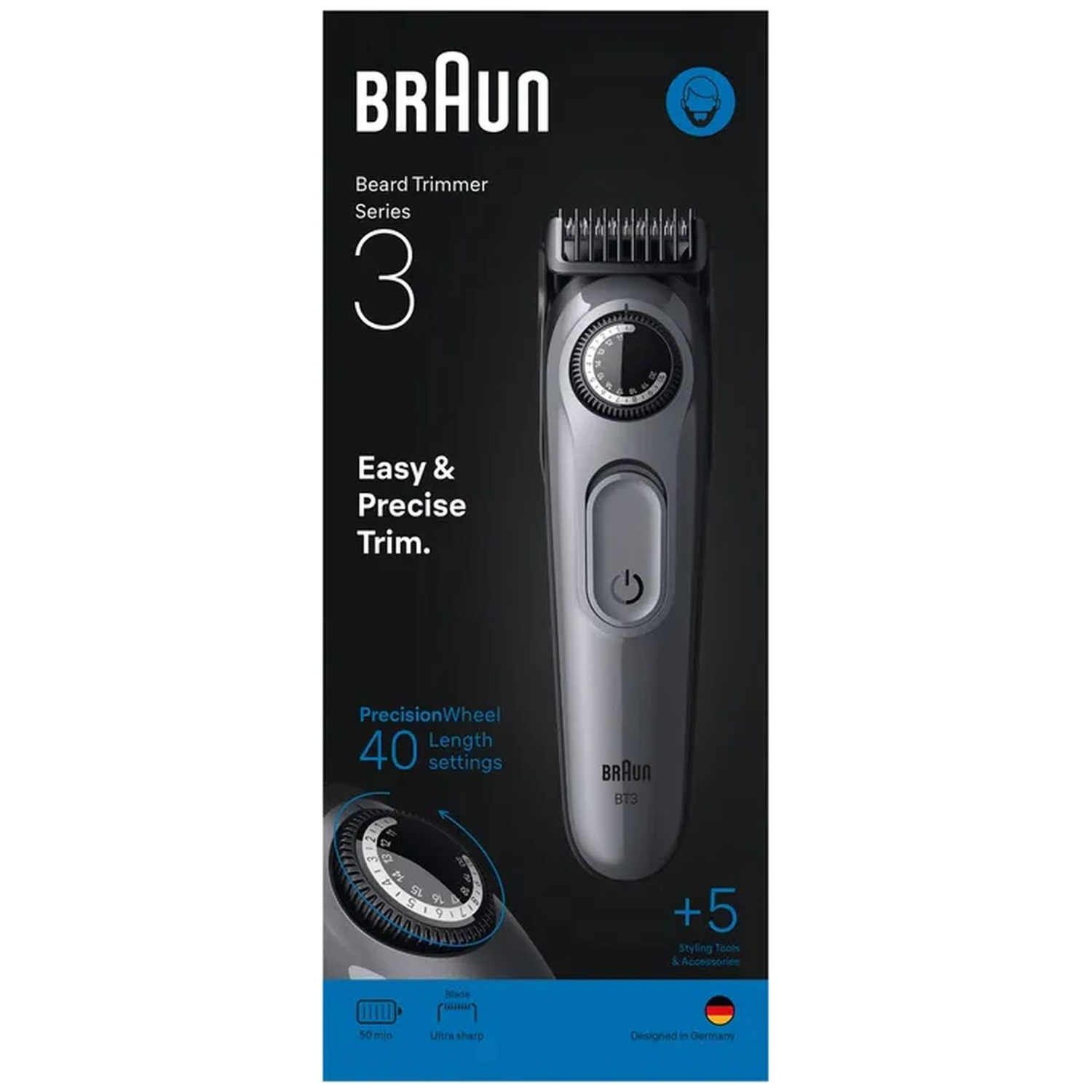 A Braun beard trimmer box. It shows the trimmer with text: Series 3, Easy & Precise Trim, PrecisionWheel, and 40 length settings.