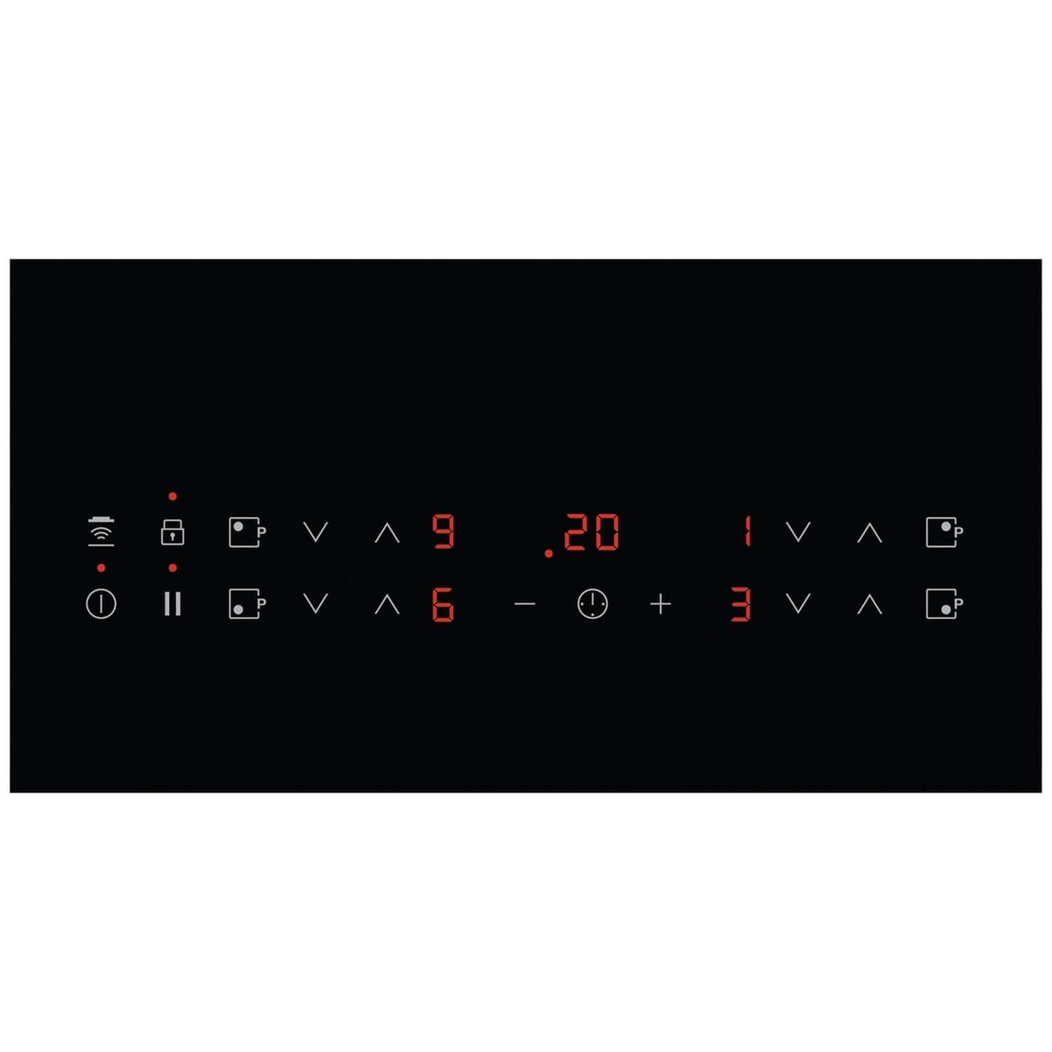 Black induction cooktop with red digital display showing numbers and symbols for power levels and timer settings.