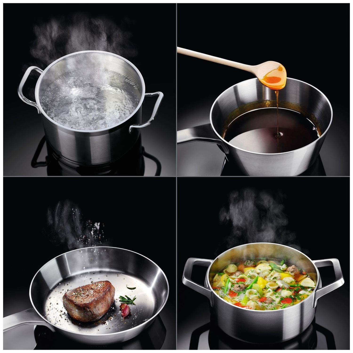 Four cooking scenes: boiling water, sauce with spoon, steak in pan, and soup in pot. All on a black background.