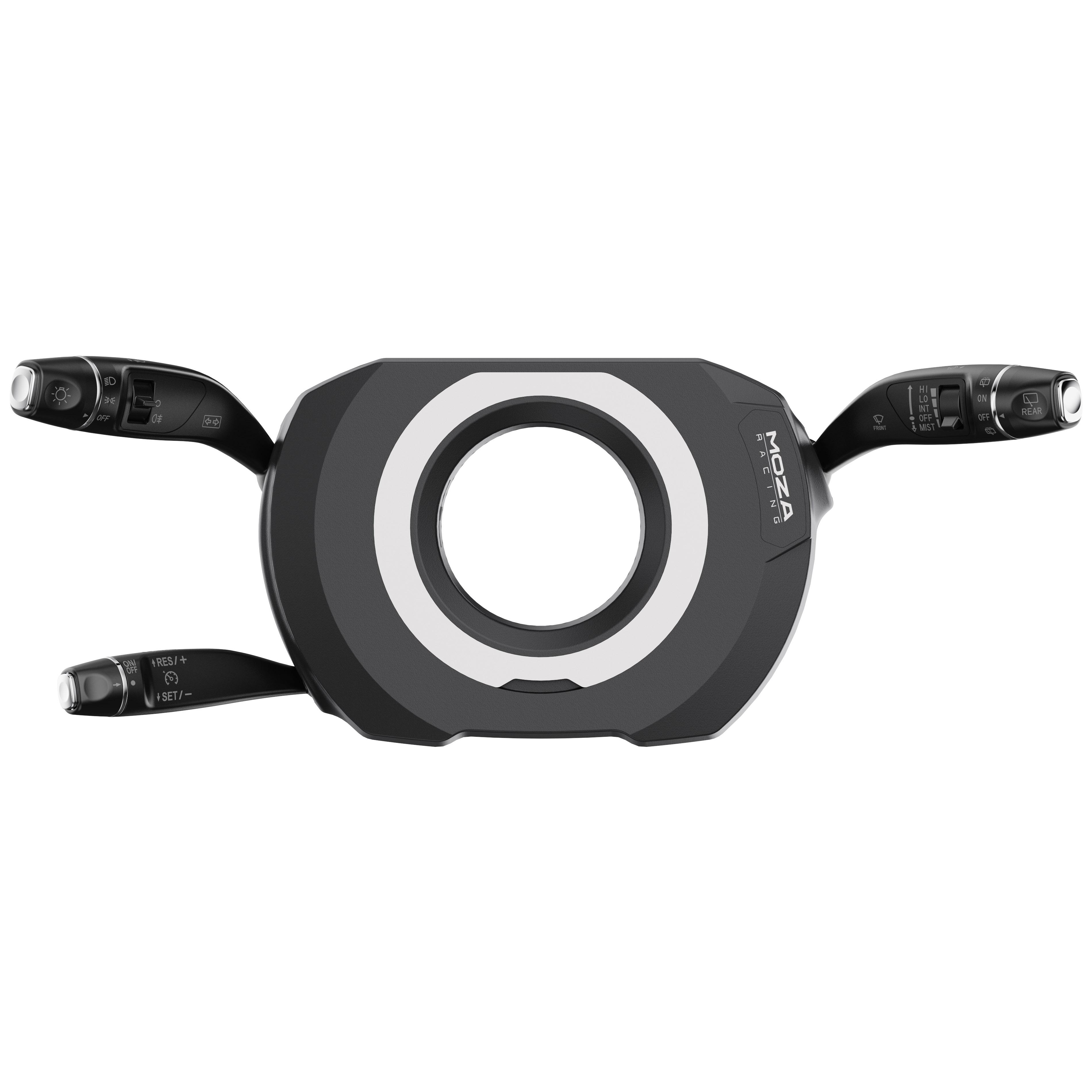 Eine schwarze Lenkradsteuerung mit mehreren Stielen. Sie verfügt über Tasten und Schalter für verschiedene Fahrzeugfunktionen.