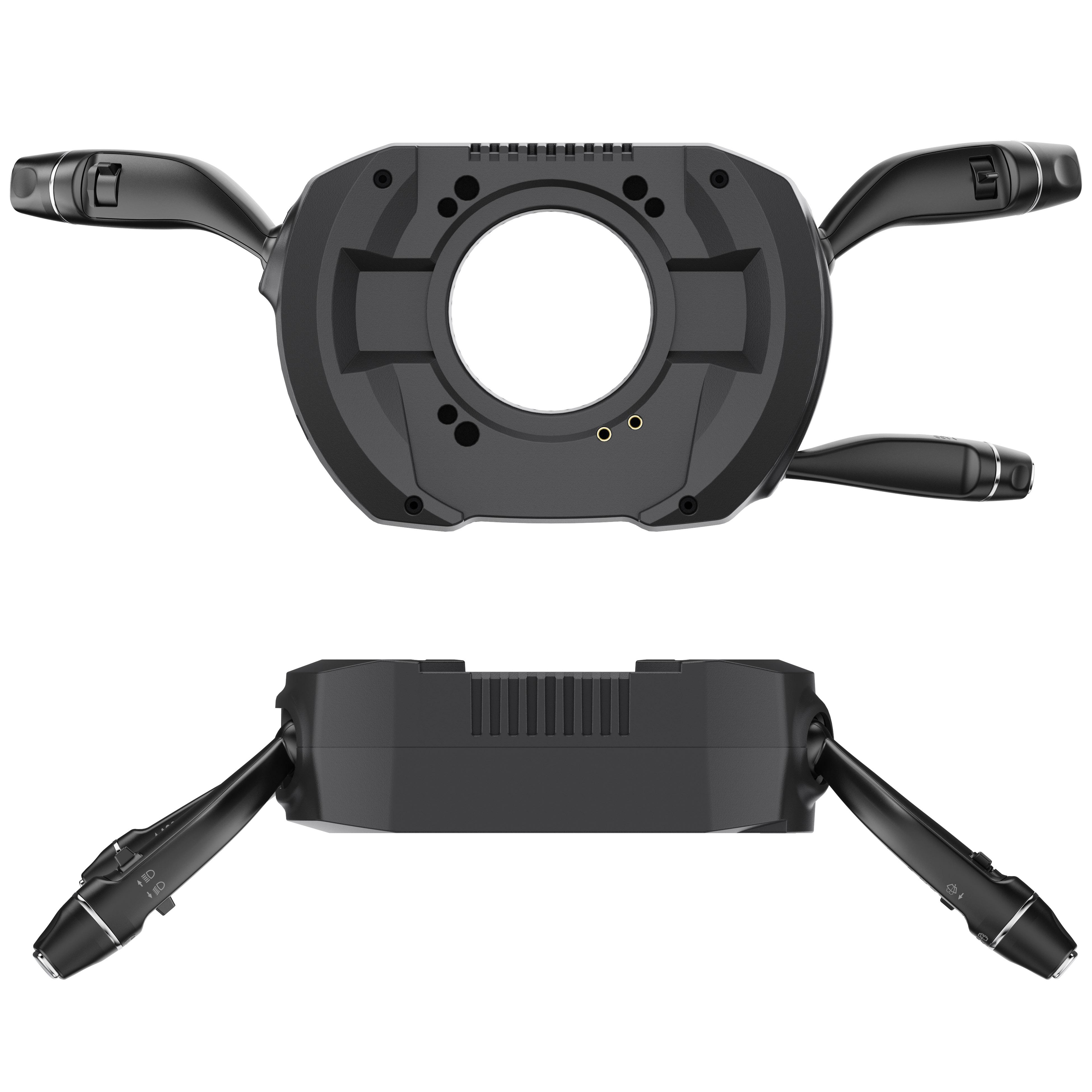 Eine schwarze Lenkradsteuerung mit Hebeln. Es hat eine zentrale kreisförmige Öffnung und zwei Hebel auf jeder Seite.