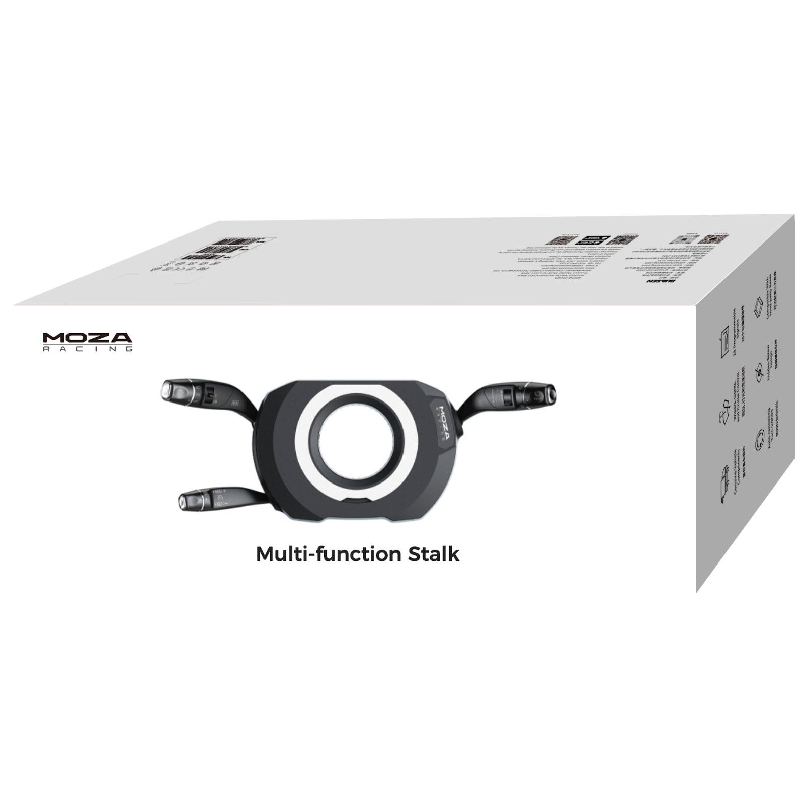 Eine Produktbox zeigt einen schwarzen Multifunktions-Stalk für Rennen. Das MOZA-Logo befindet sich oben links. Text auf der Box.