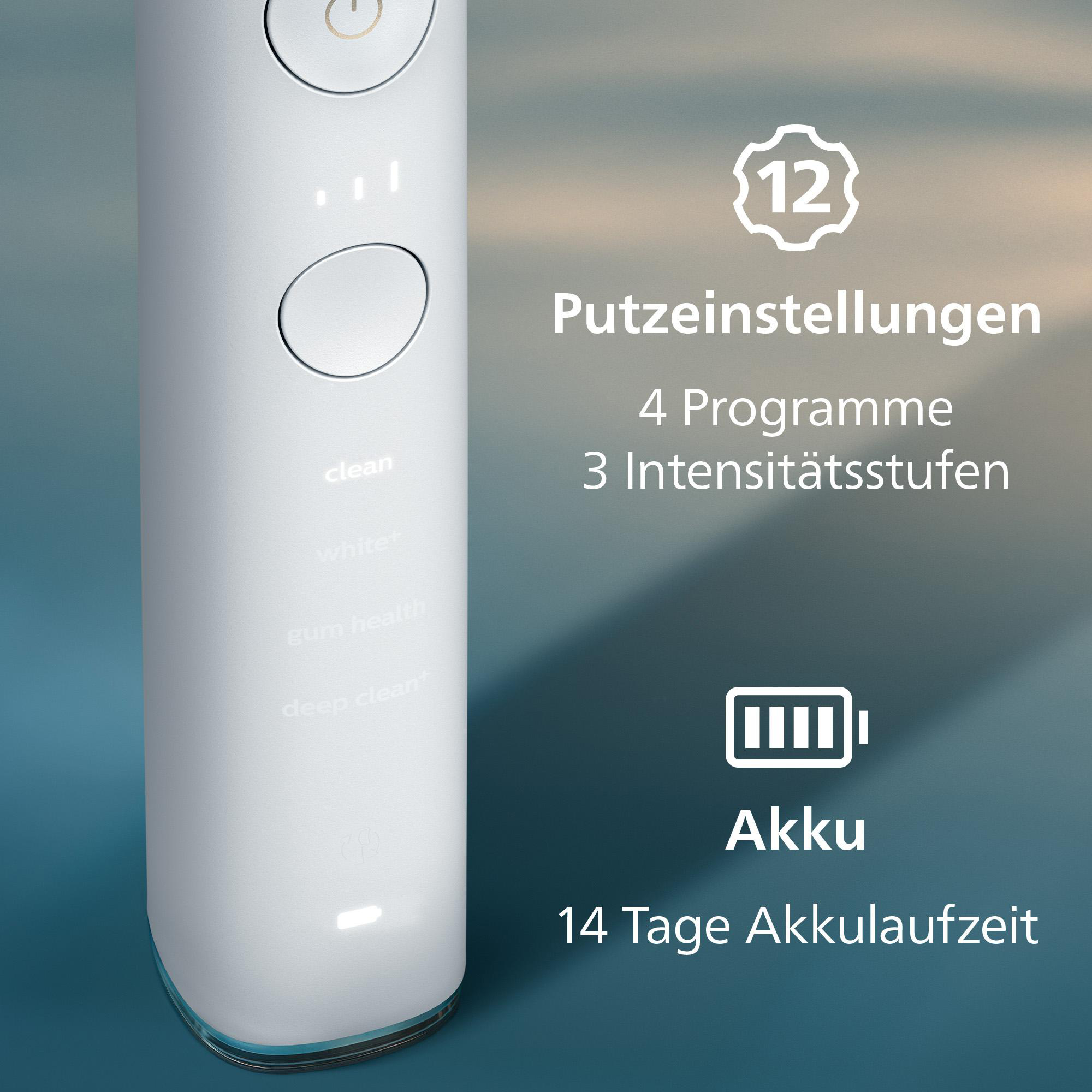 Eine weiße elektrische Zahnbürste mit Einstellungen und Informationen zur Akkulaufzeit. Enthält 12 Einstellungen, 4 Programme und 3 Intensitätsstufen.