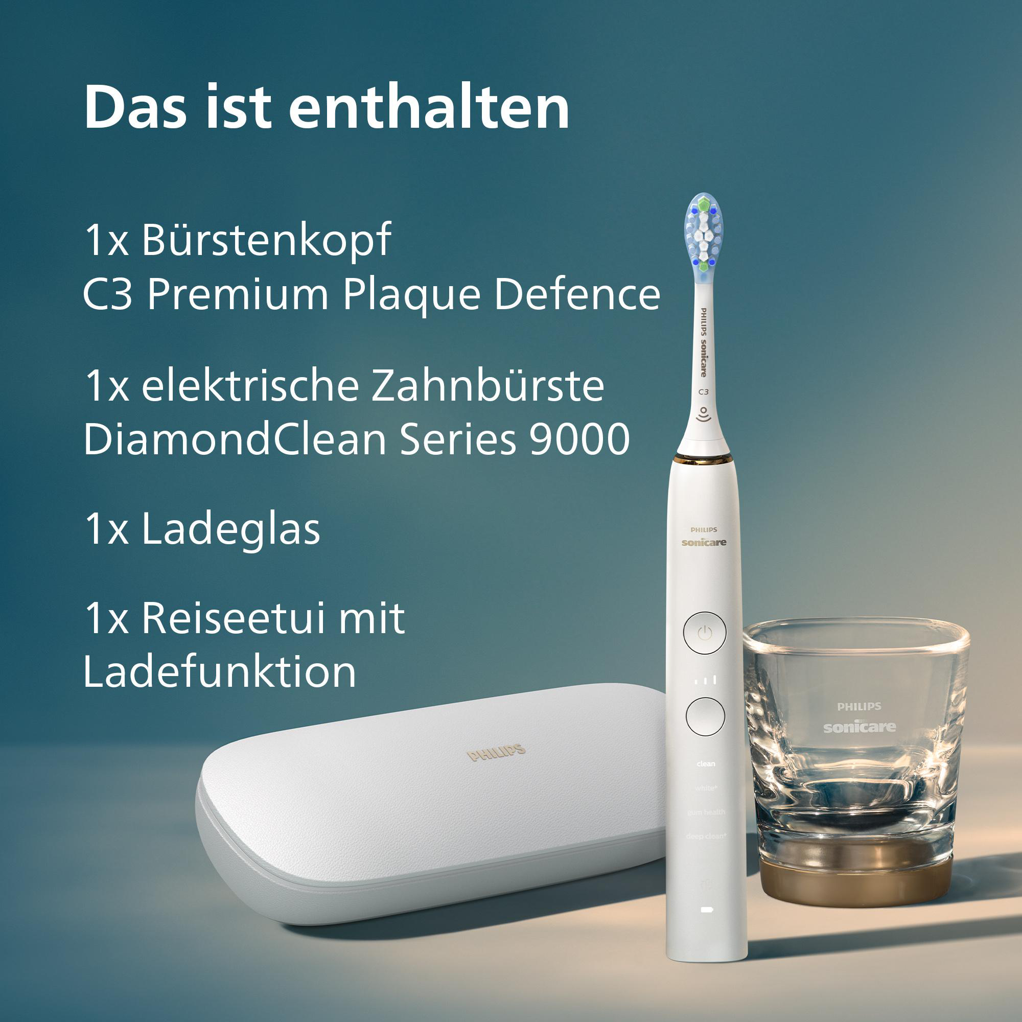 Eine elektrische Zahnbürste, ein Ladeglas, ein Reiseetui und ein Bürstenkopf werden auf hellem Grund gezeigt.