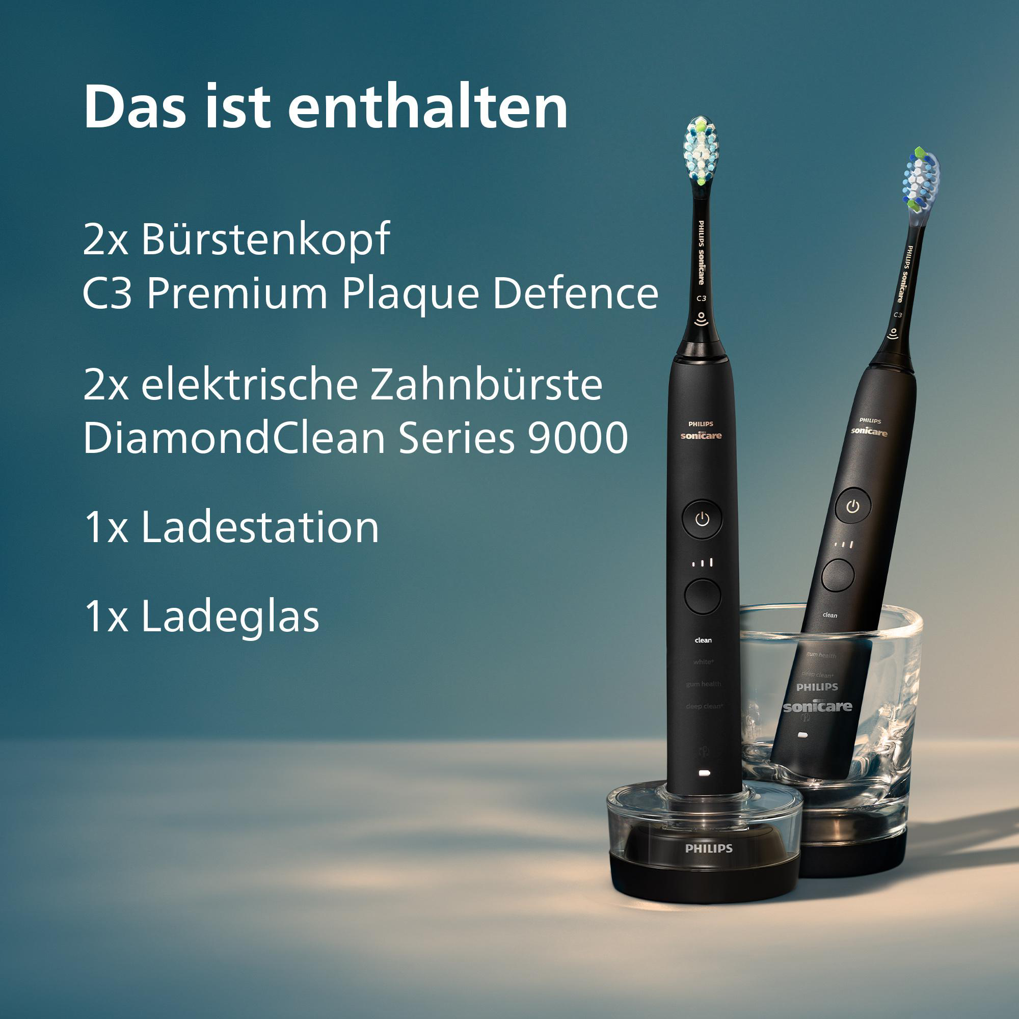 Zwei schwarze Philips Sonicare elektrische Zahnbürsten, eine in einer Ladestation und eine im Glas, mit Text.