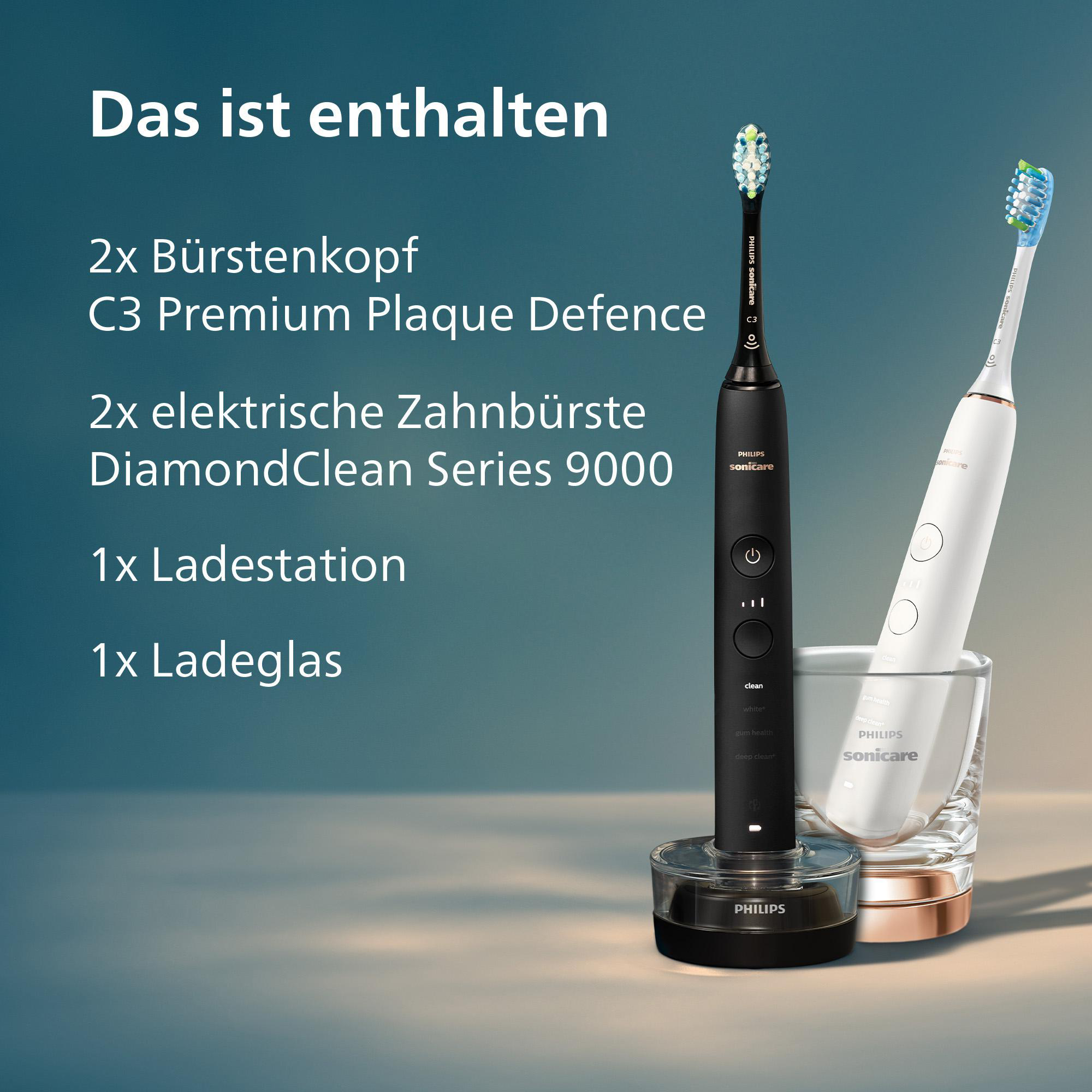Das Bild zeigt zwei elektrische Zahnbürsten von Philips Sonicare, eine schwarze, eine weiße, mit Zubehör. Text auf Deutsch listet die Artikel.