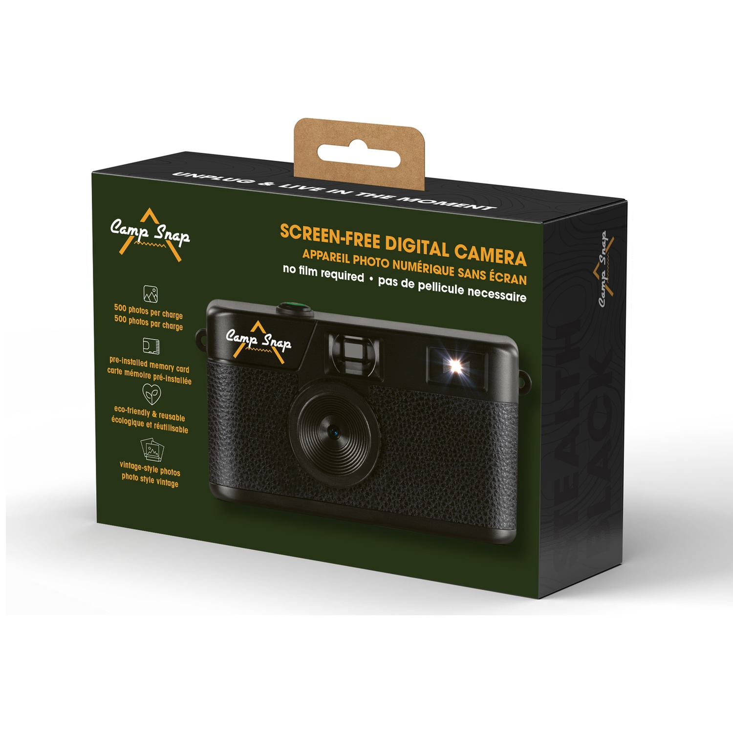 A black camera in a box. The box says Camp Snap and SCREEN-FREE DIGITAL CAMERA. It has product information on the side.