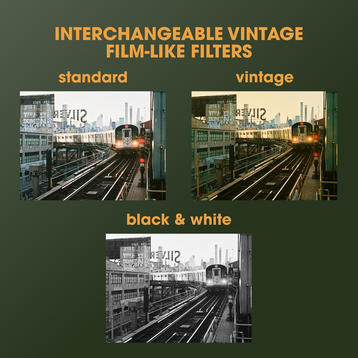 Image shows subway train with three different film-like filter effects: standard, vintage, and black & white. City buildings in background.