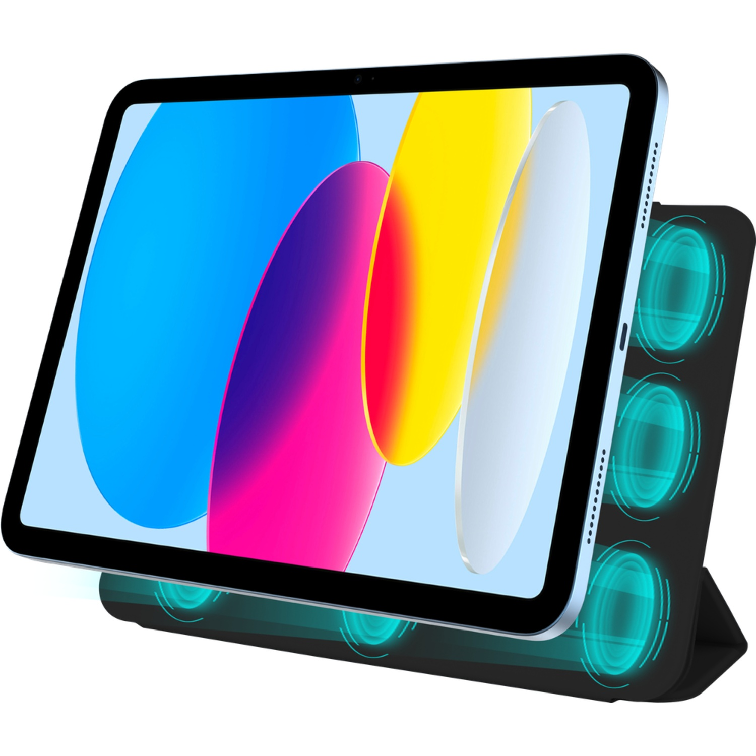 Tablet on a black stand. The tablet displays a colorful abstract image. Stand has glowing blue circles.