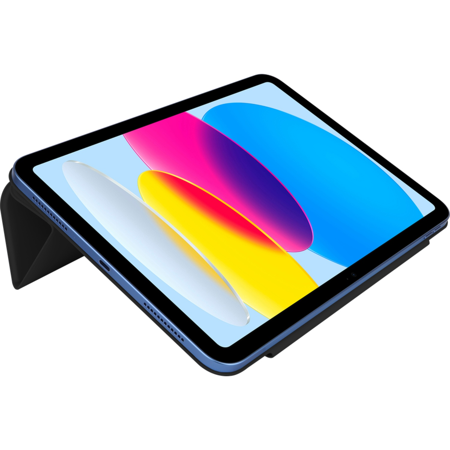 A blue tablet with a colorful screen, propped up by a black case. The screen displays vibrant pink, yellow, and blue colors.