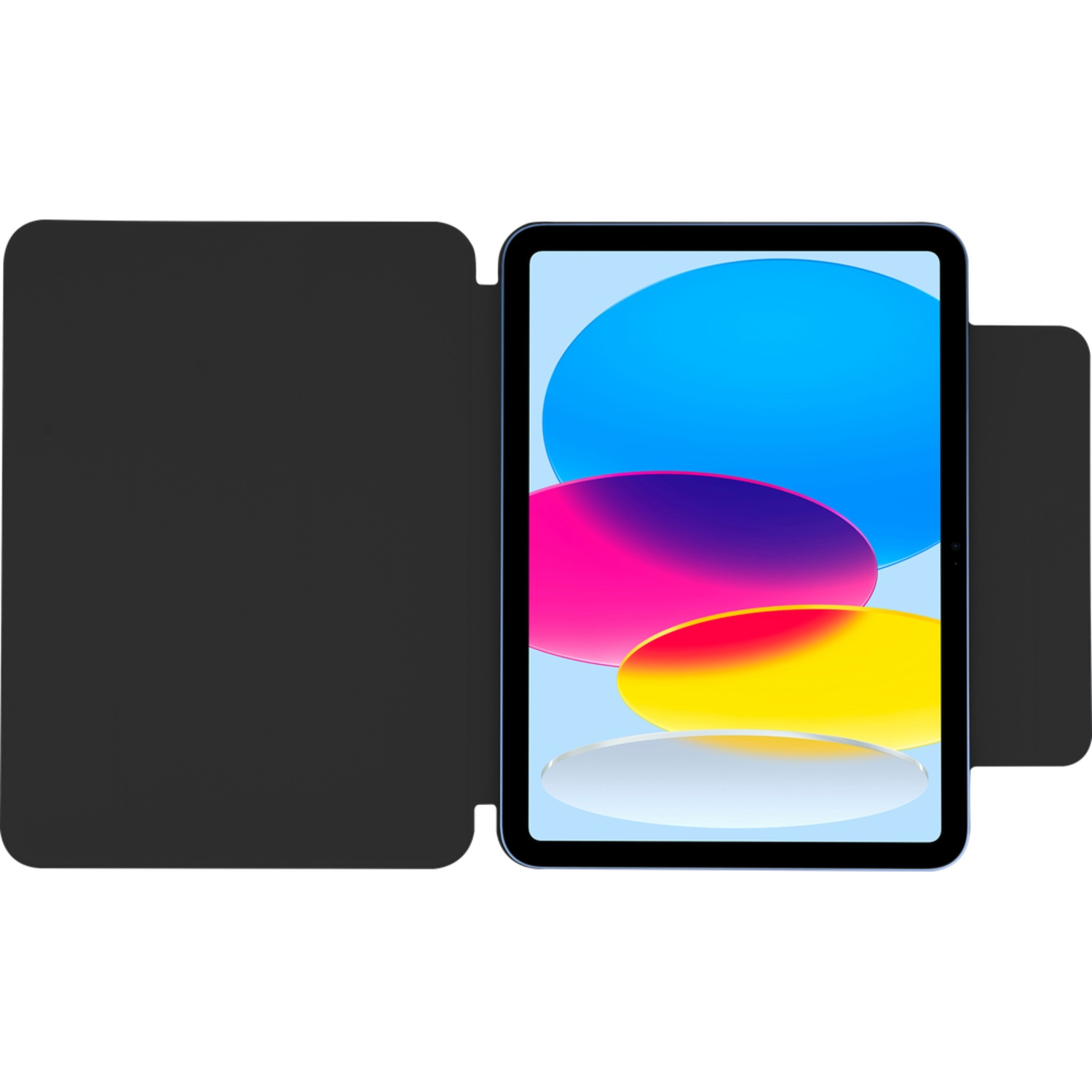 An iPad with a blue frame, the screen displays colorful abstract shapes, and a black cover is partially open.