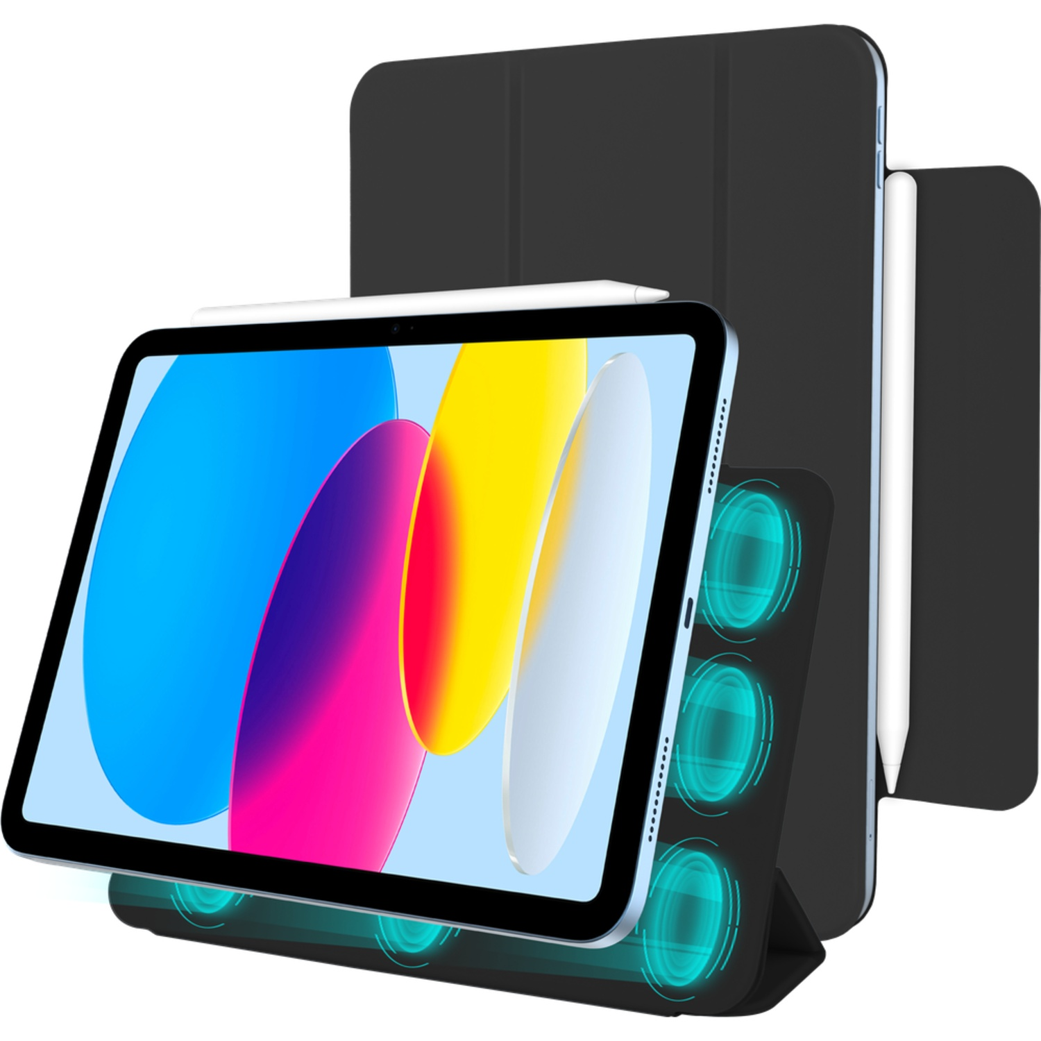Tablet with colorful screen, pen, and black case on a charging stand. Another case and pen are also present.