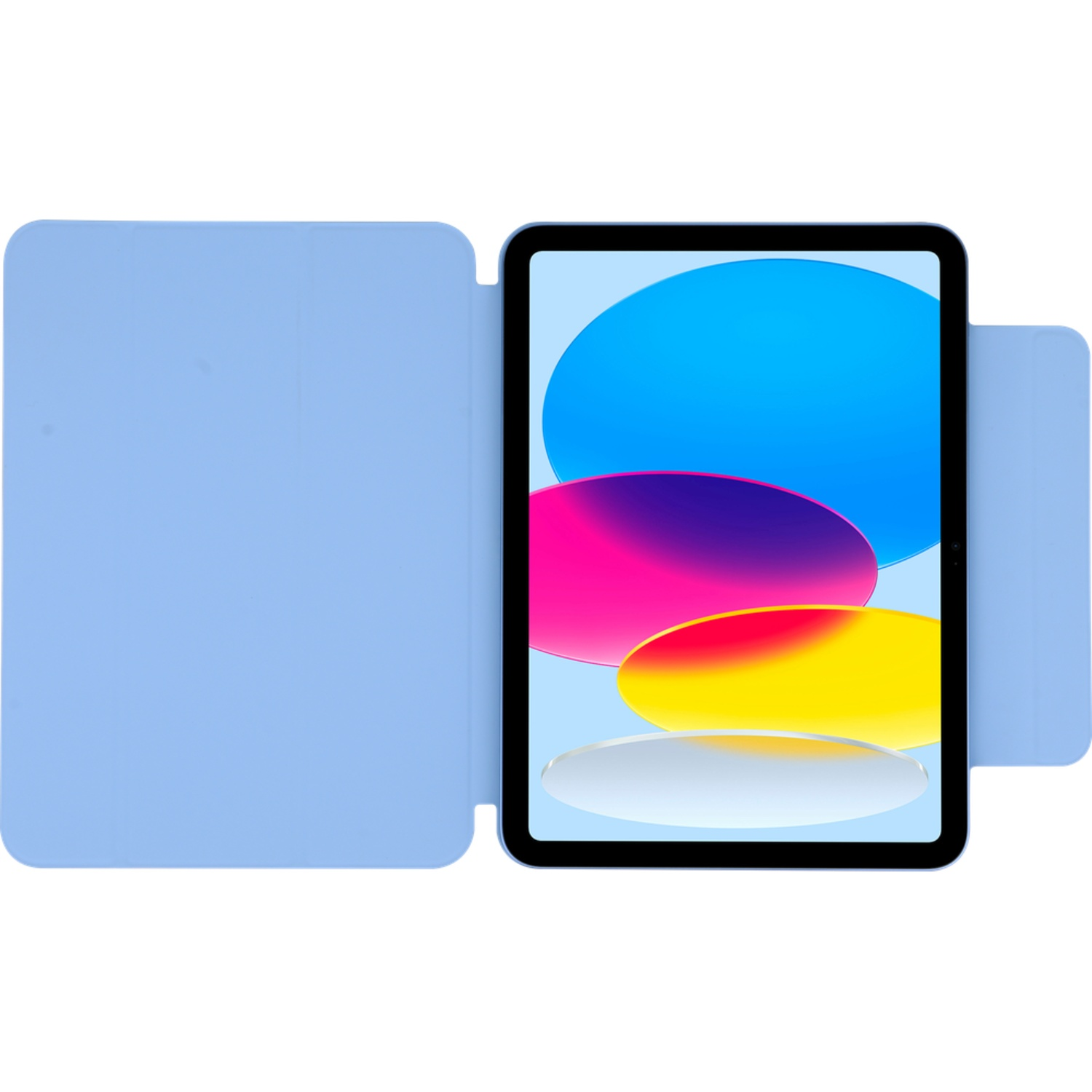 Een open lichtblauwe tablethoes met een tablet waarop kleurrijke abstracte vormen worden weergegeven, waaronder blauw, roze, geel en wit.