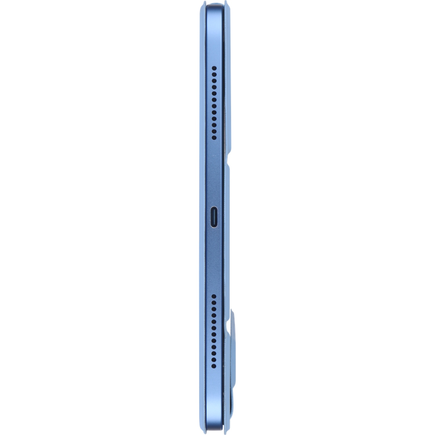 Zijaanzicht van een blauwe tablet. Het heeft een USB-C-poort, een rij gaten aan de boven- en onderkant en een aan/uit-knop.