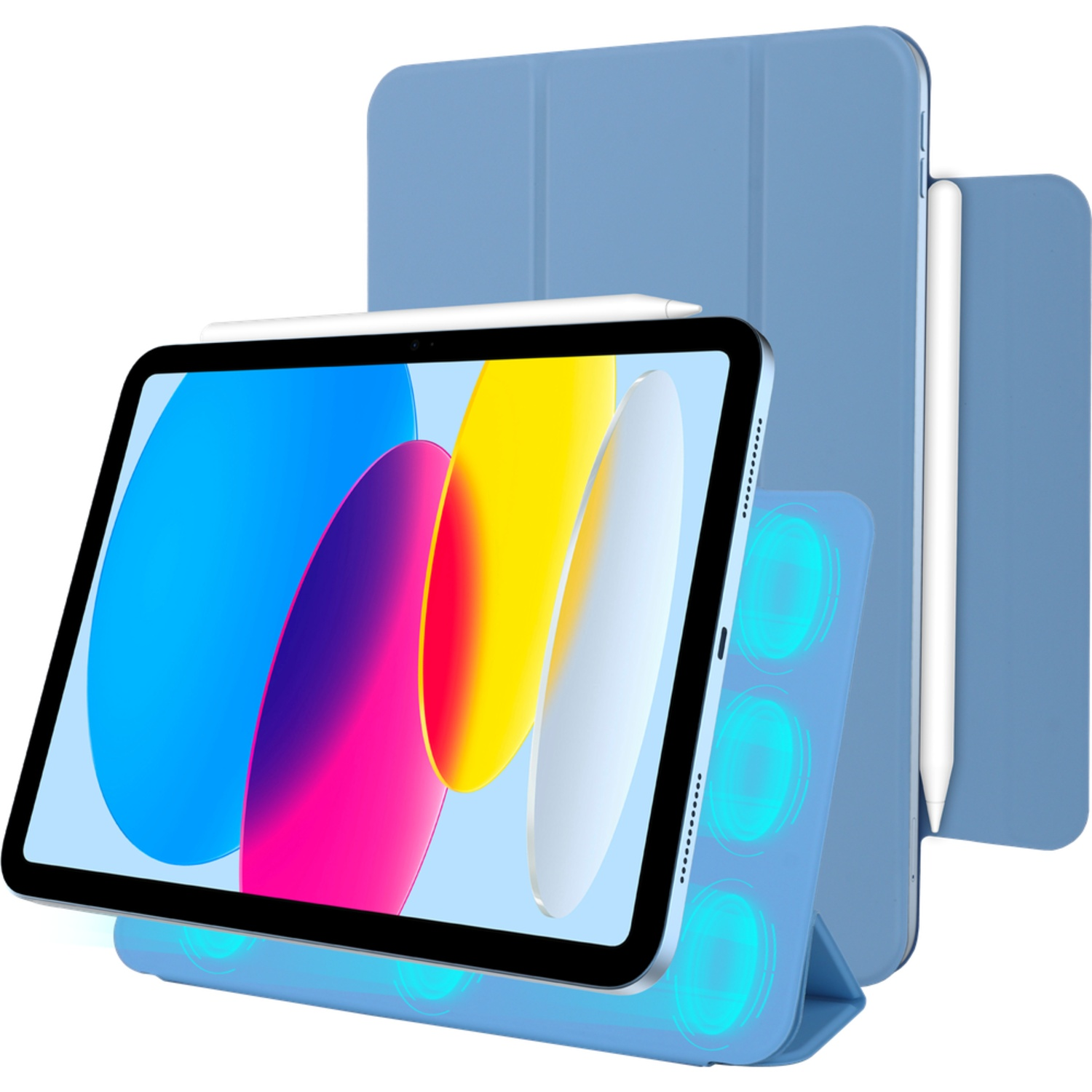 Een blauwe tablet met een kleurrijk scherm, een stylus en een beschermhoes. De tablet staat op een blauwe standaard.