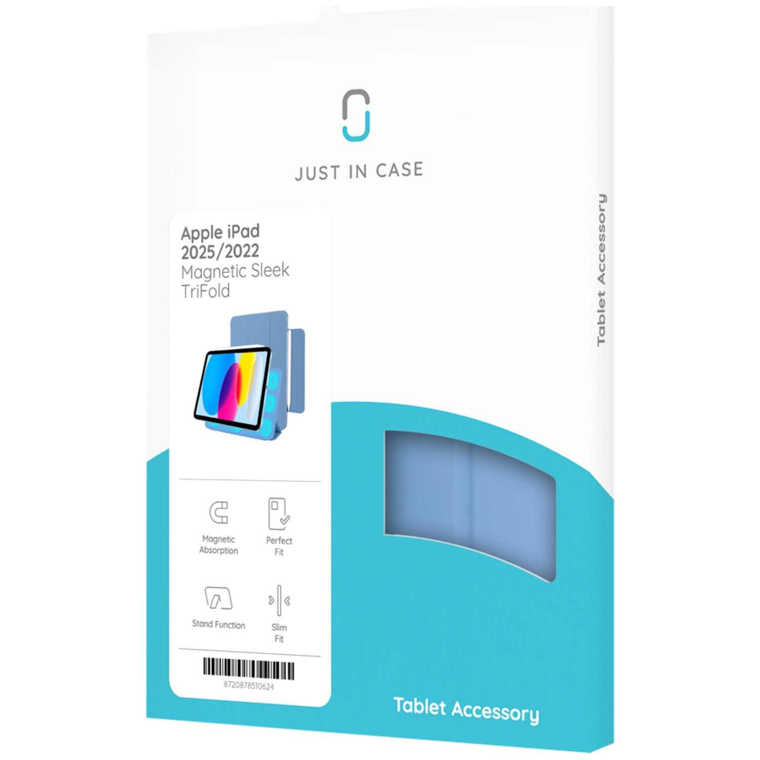 Een doos voor een iPad-hoesje, blauw en wit. De tekst omvat 'JUST IN CASE', 'Magnetic Sleek TriFold' en 'Tablet Accessory'.