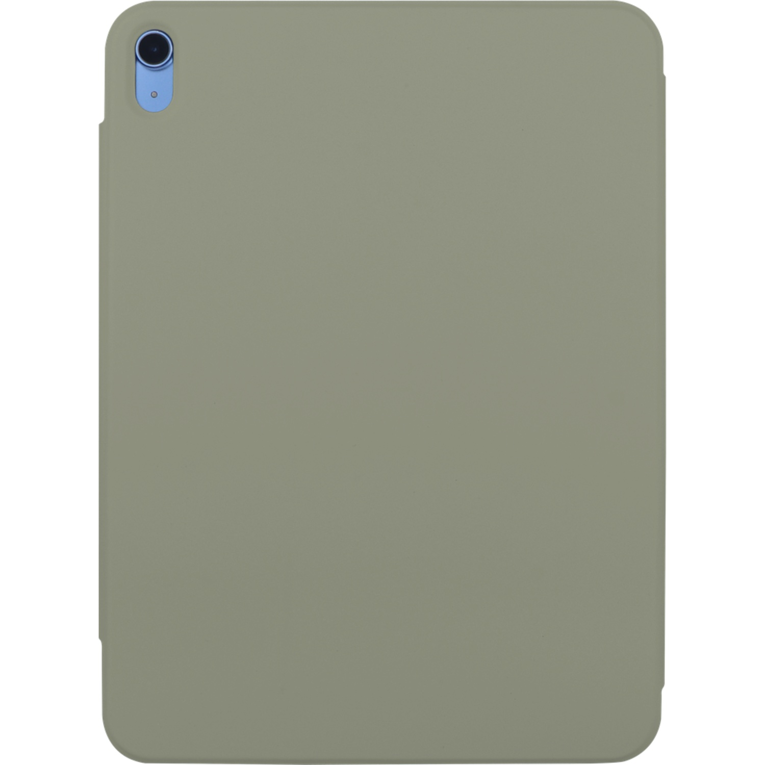 An olive-green tablet case with rounded corners. A blue camera lens is visible at the top left corner.