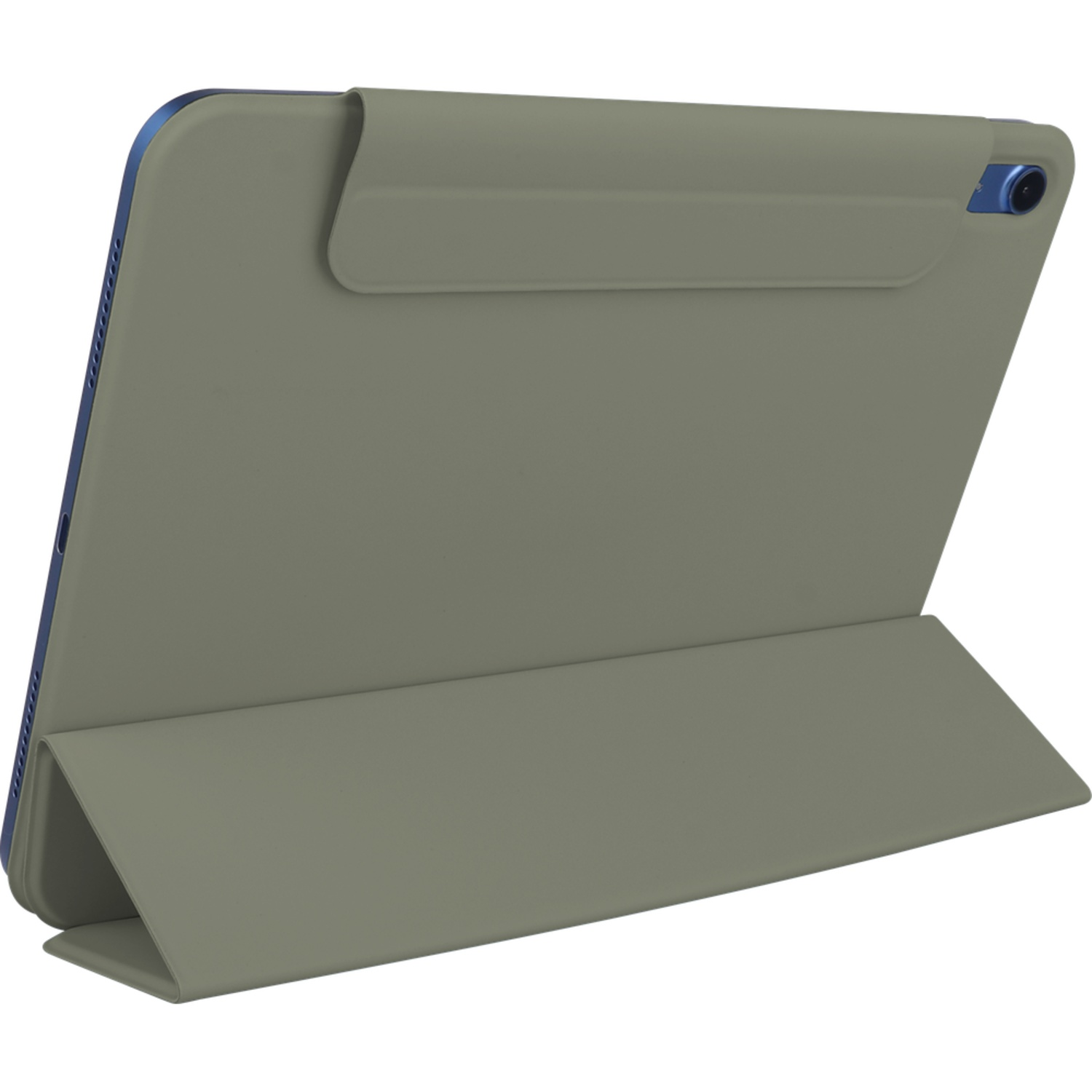 An olive green tablet case with a blue frame is open, propped up by its cover. The case has a magnetic flap on top.