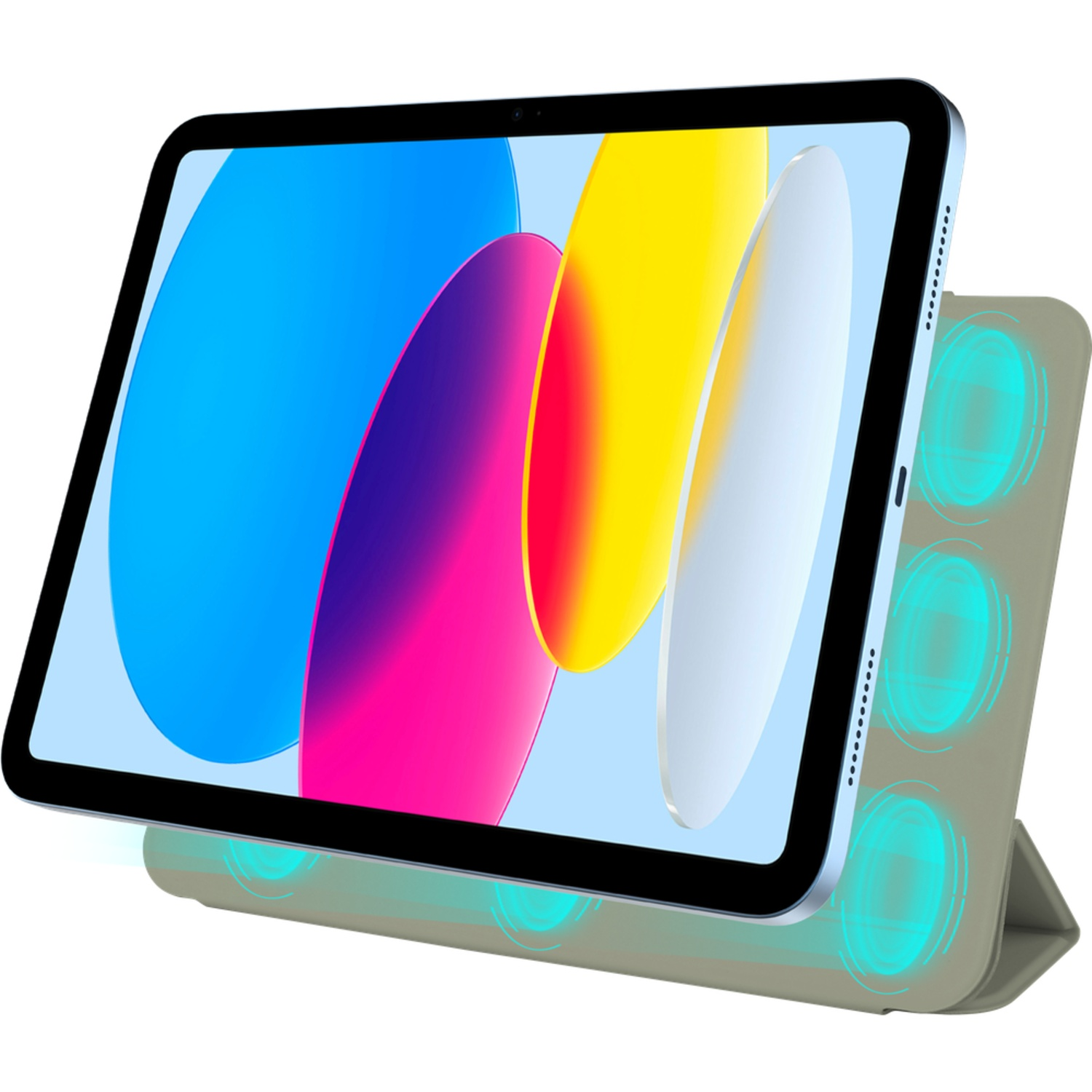 Tablet displaying colorful abstract design, propped up by a gray stand with glowing circles. The frame is black.