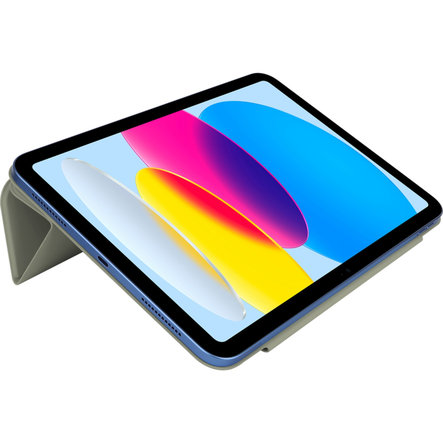 Tablet with a colorful screen, blue bezel, and gray case. The screen displays pink, yellow, and blue shapes. The case props it up.