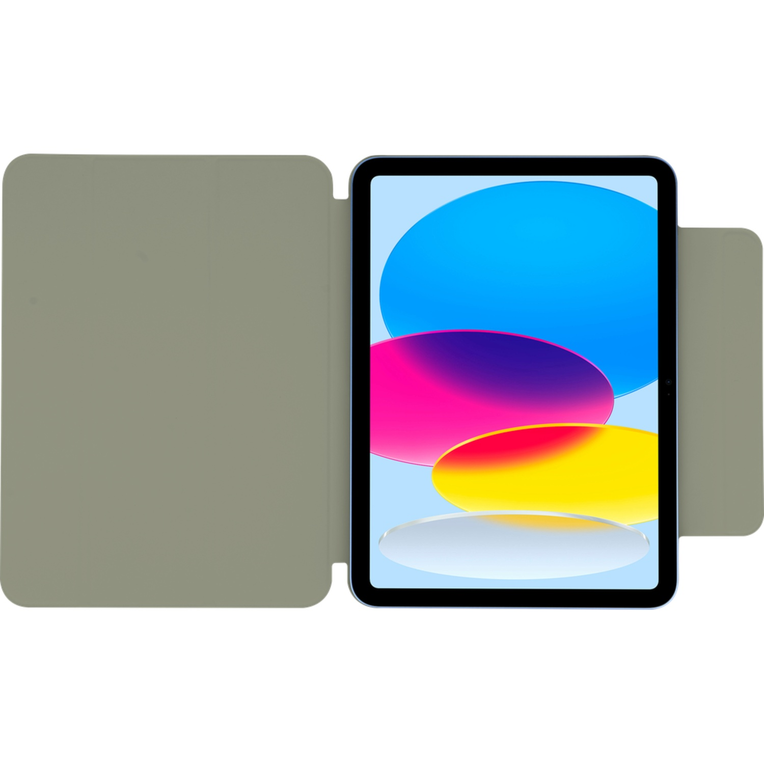 An open tablet with a colorful screen, set inside a gray case. The screen shows blue, pink, purple, and yellow gradients.