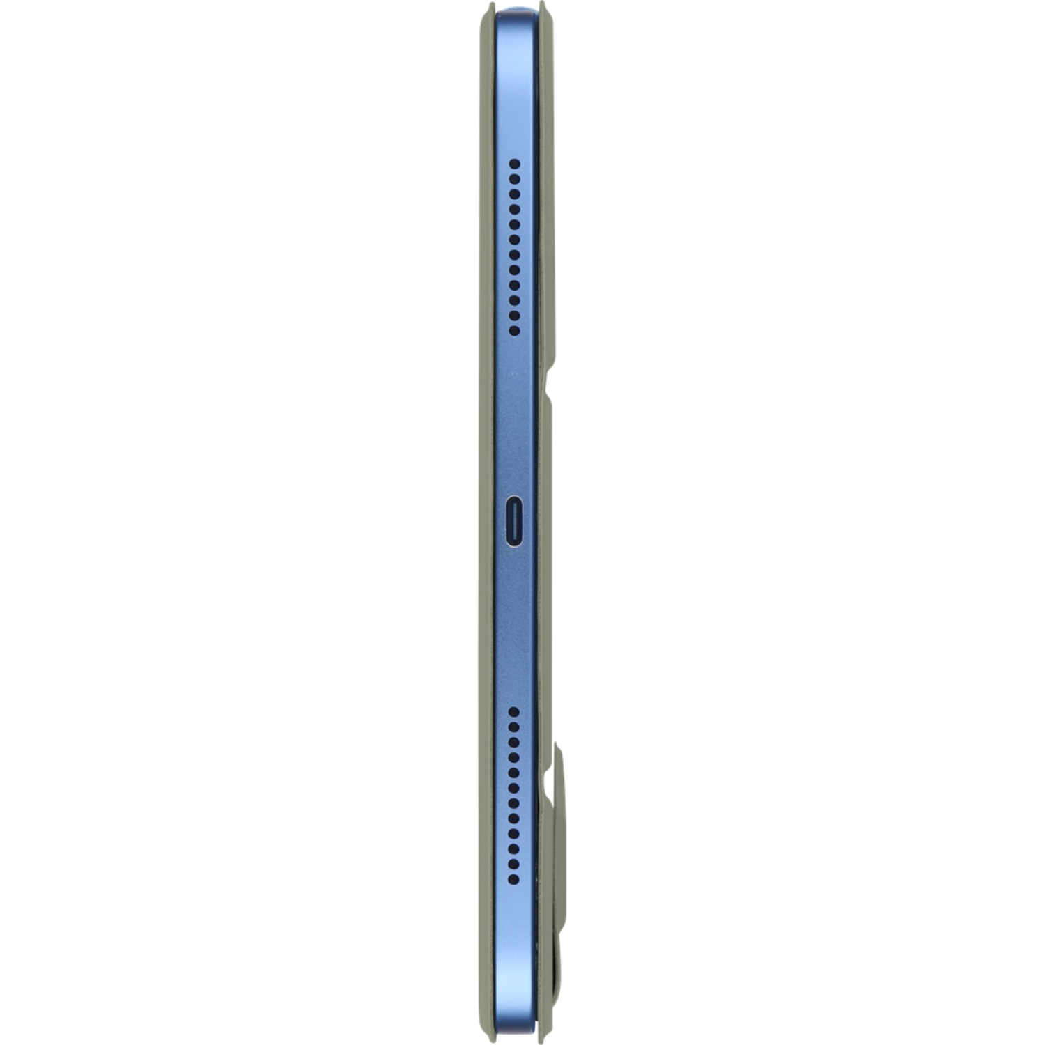 Side view of a blue tablet in a gray case. The tablet has several dots on its side and a charging port.