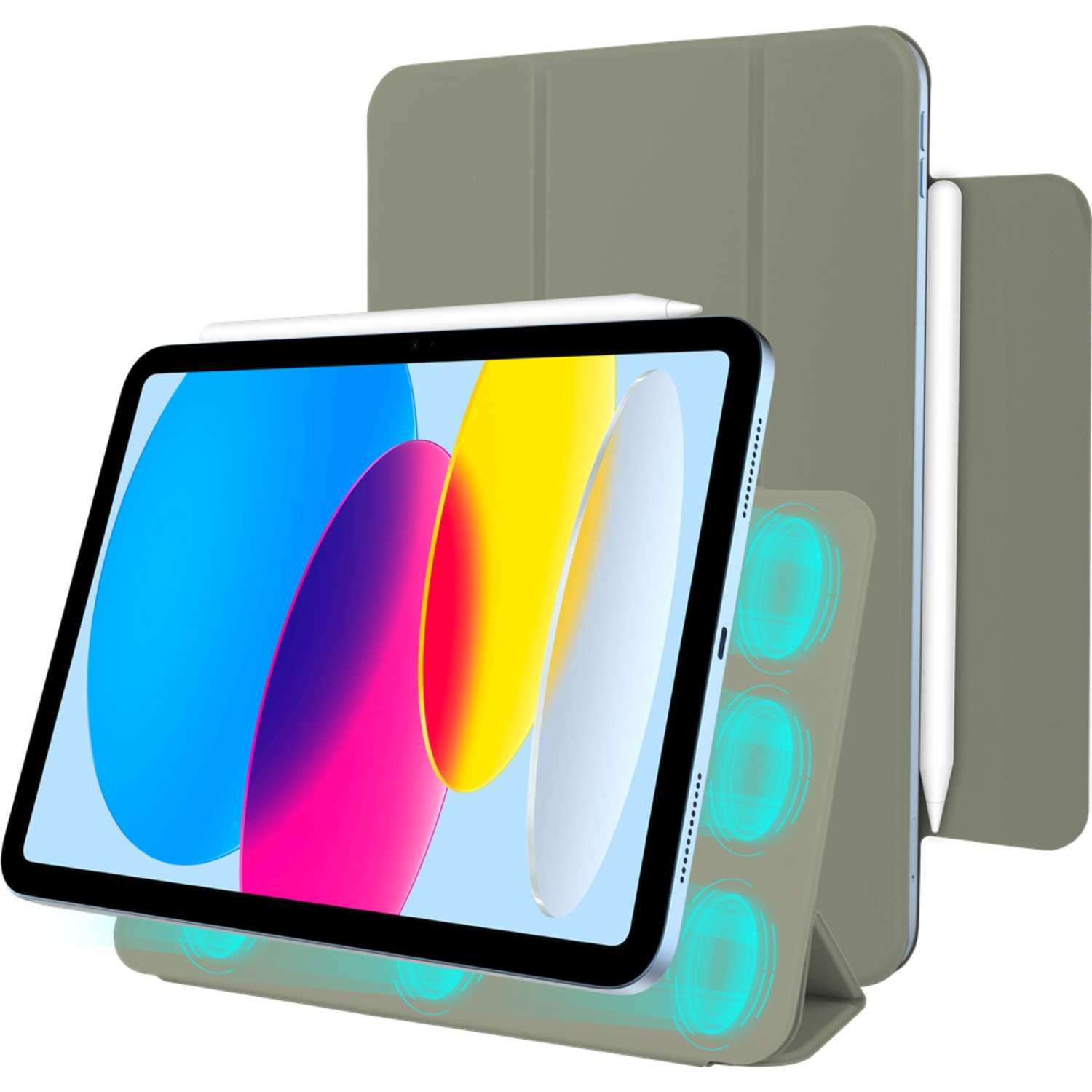 Tablet with colorful screen, a white stylus, and a gray case. The case is in multiple parts and can stand up.
