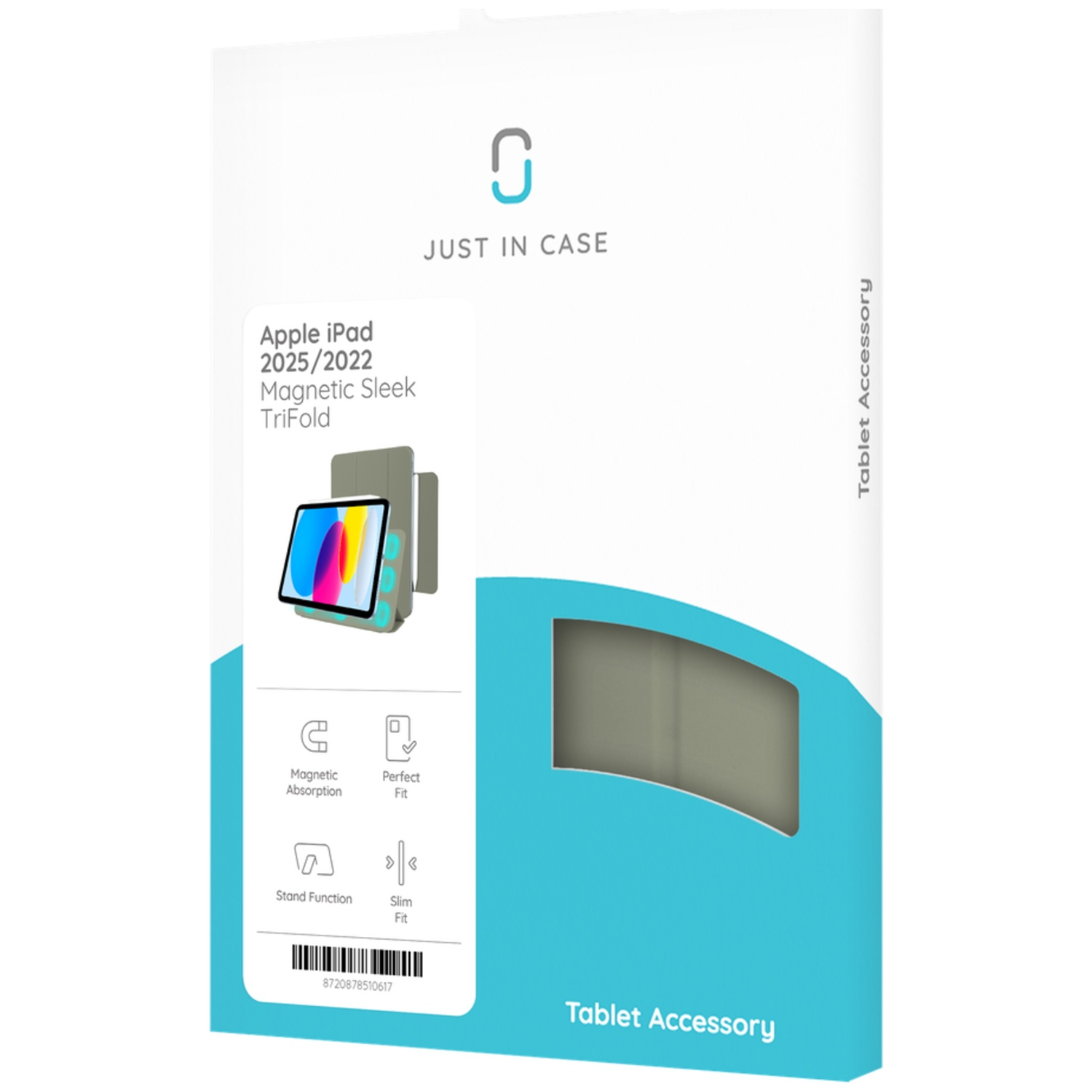 Box for Apple iPad with product details, a picture of the case, and icons indicating features. Text reads 'JUST IN CASE' and 'Tablet Accessory'.