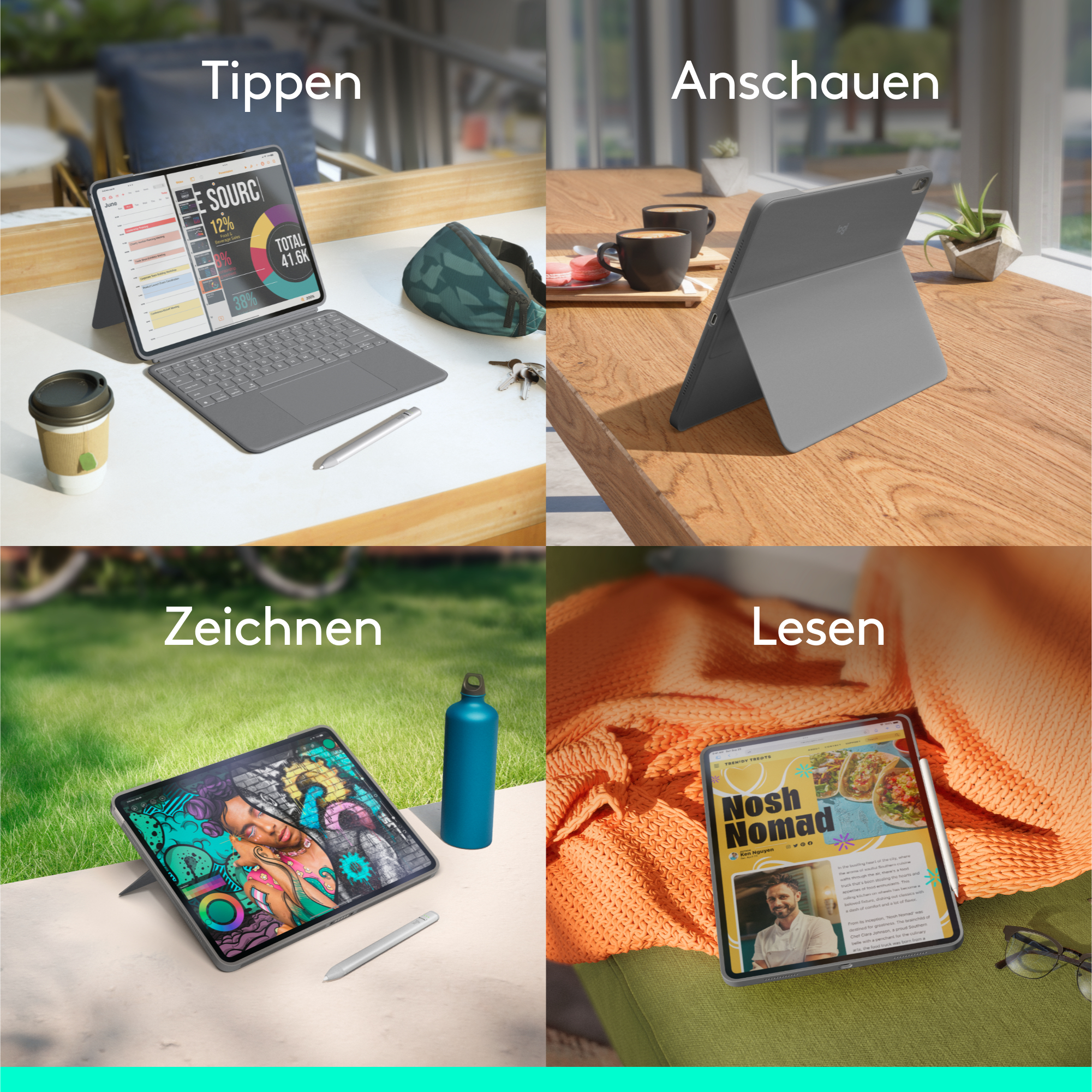 Vier Bilder zeigen ein Tablet mit verschiedenen Anwendungen: Tippen, Betrachten, Zeichnen und Lesen, zusammen mit zugehörigen Objekten.