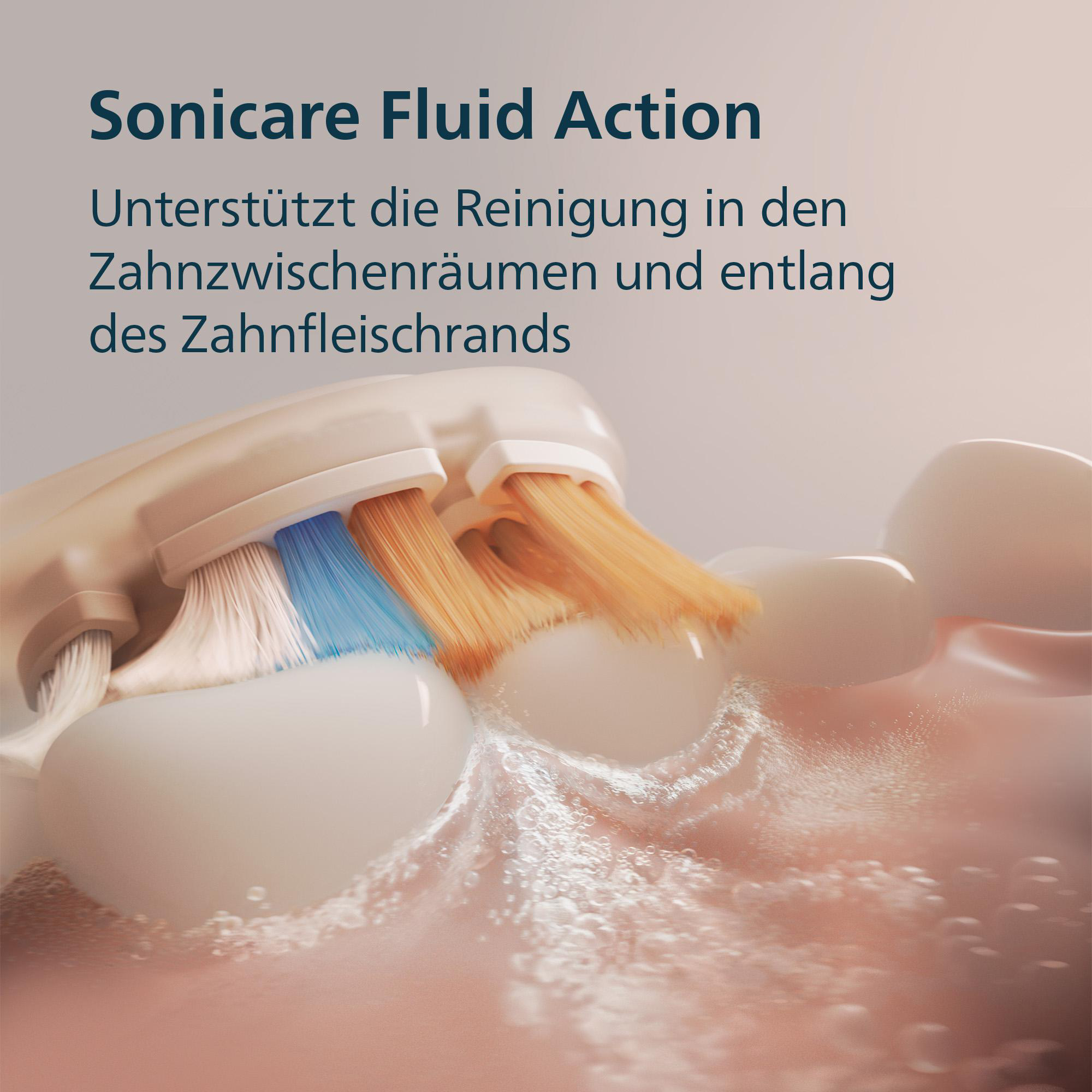Elektrische Zahnbürste putzt Zähne. Blaue, weiße und orangefarbene Borsten. Wasserspritzer. Sonicare Fluid Action Text.