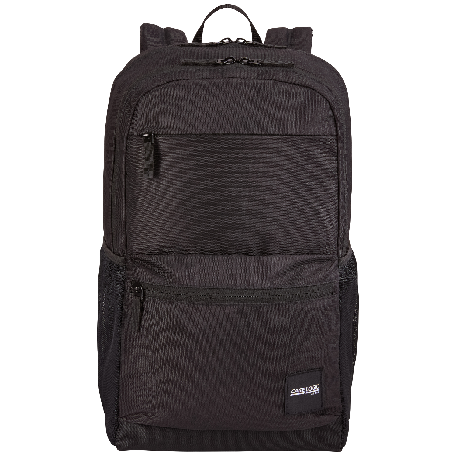 Un sac à dos Case Logic noir avec plusieurs compartiments zippés. Il comporte des poches latérales en filet et une poignée supérieure. Le logo est visible.