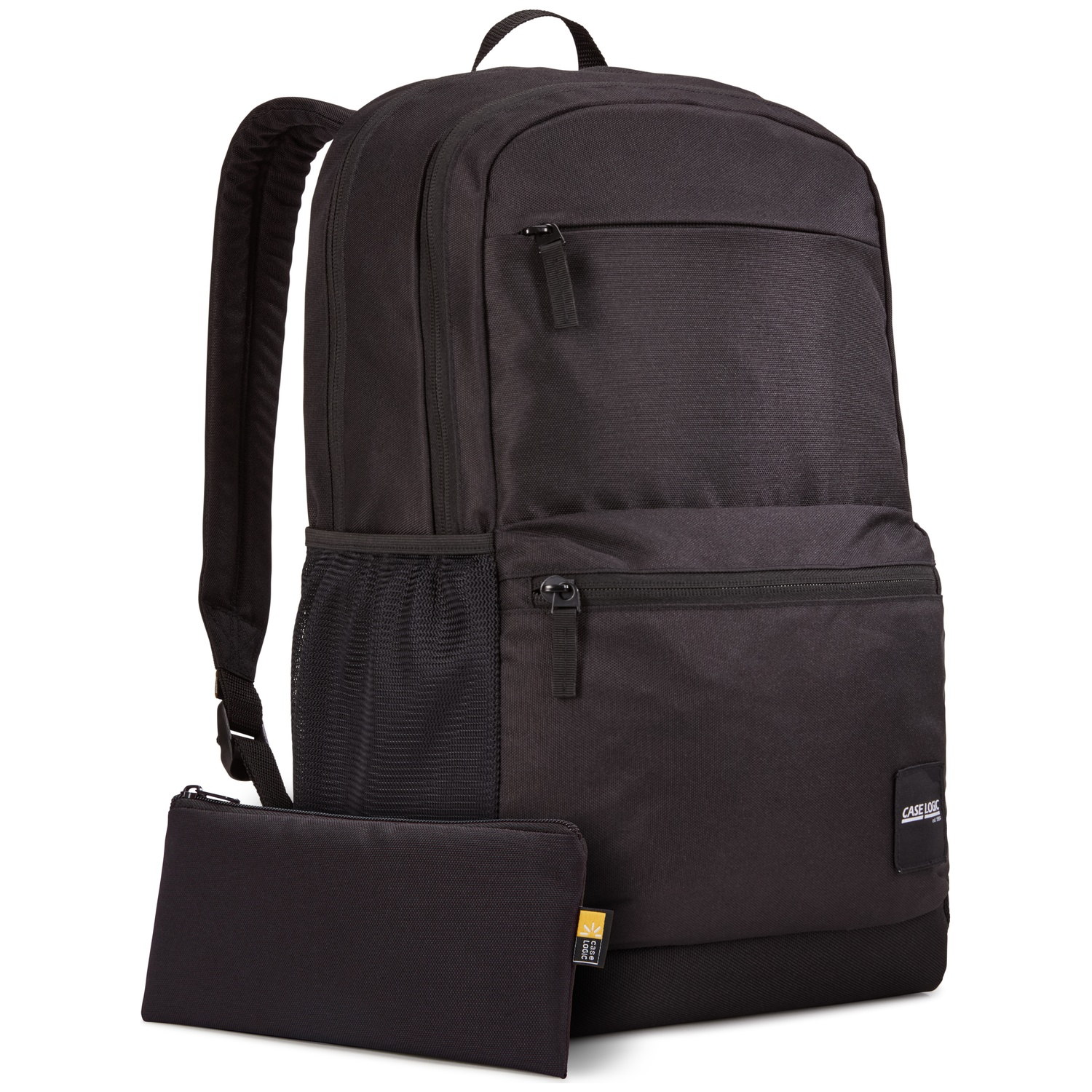 Sac à dos noir avec plusieurs compartiments et une petite pochette. Le logo Case Logic est visible. Fermetures éclair et sangles présentes.