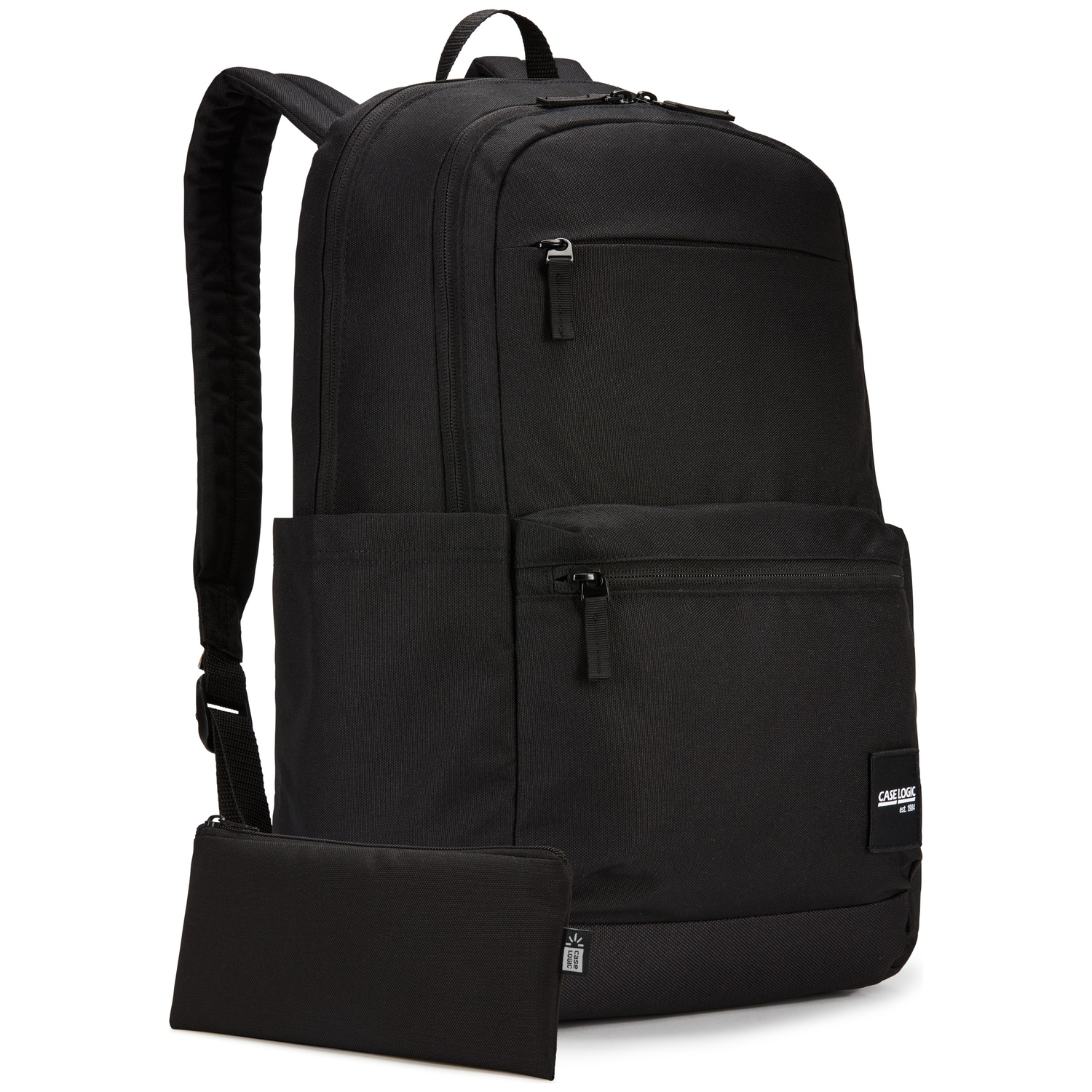 Sac à dos noir et une petite pochette. Le sac à dos a plusieurs compartiments zippés. La pochette est à l'avant. Logo Case Logic visible.