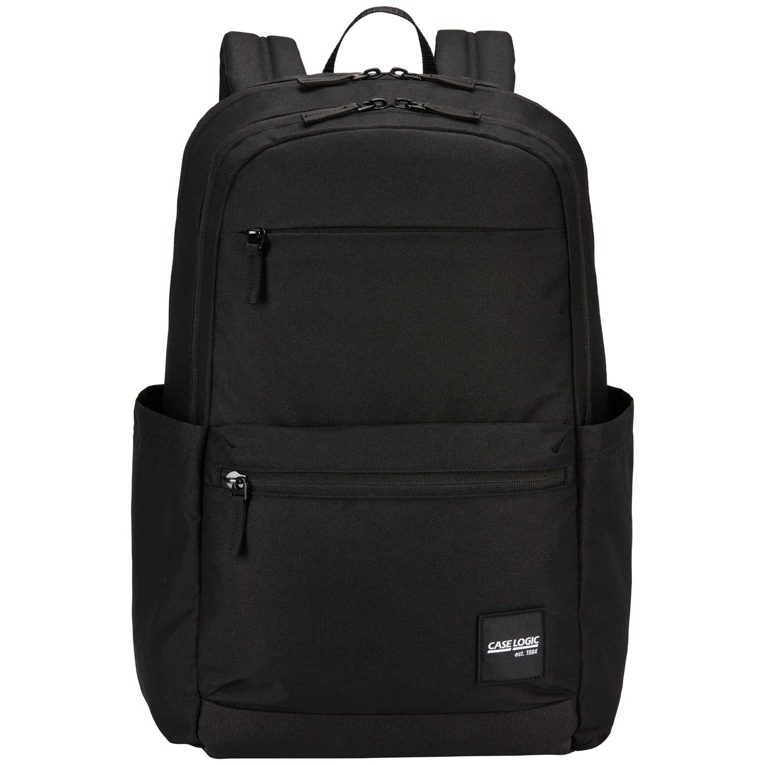Un sac à dos noir avec plusieurs compartiments zippés et une poignée. Le logo Case Logic est visible. Le fond est blanc.