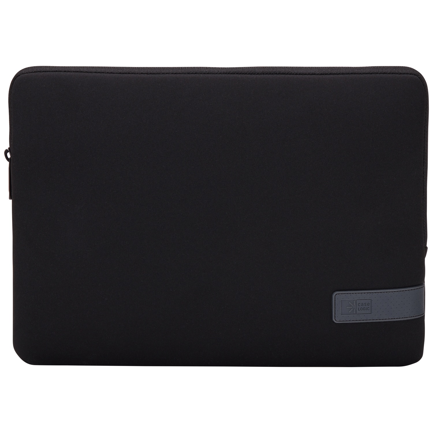 Une housse d'ordinateur portable noire. Elle possède une fermeture éclair et une sangle grise avec le logo 'Case Logic'.