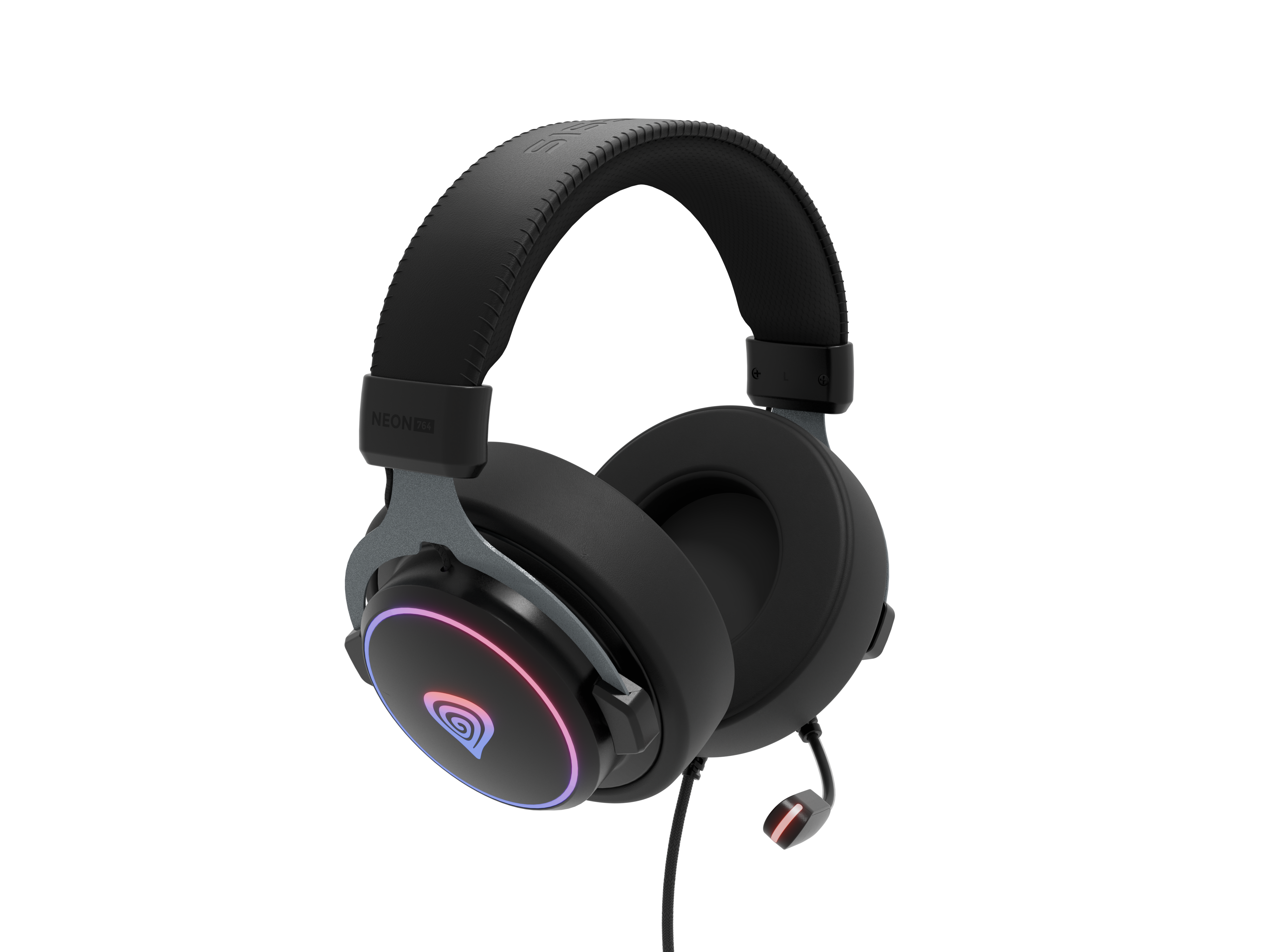 Czarne słuchawki dla graczy na czarnym tle. Posiadają mikrofon i podświetlenie RGB.