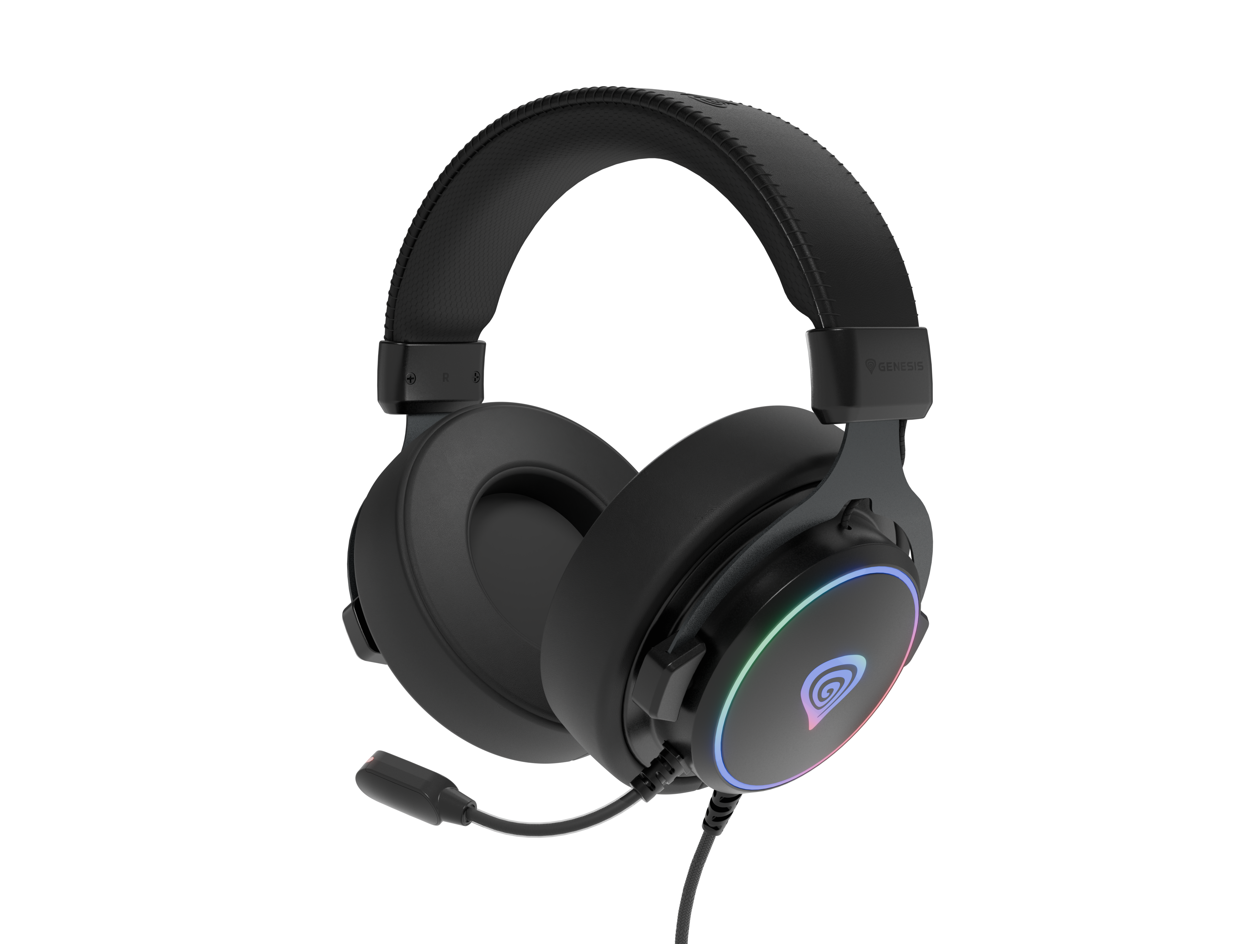 Czarne słuchawki dla graczy z mikrofonem. Muszle mają kolorowe światło. Tło jest czarne.