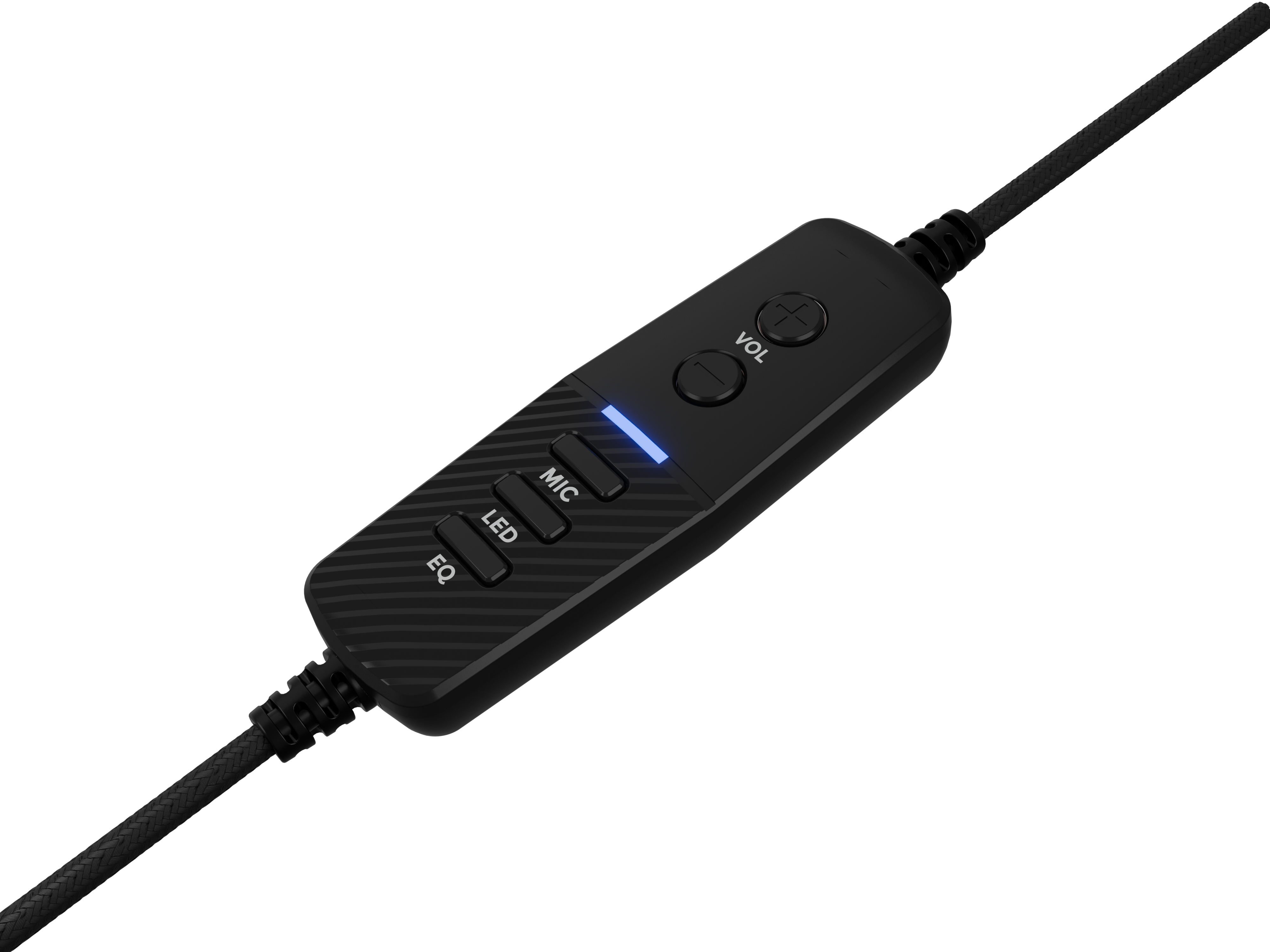 Czarny moduł sterowania zestawu słuchawkowego z przyciskami głośności, mikrofonu i LED. Pleciony kabel wychodzi z modułu.