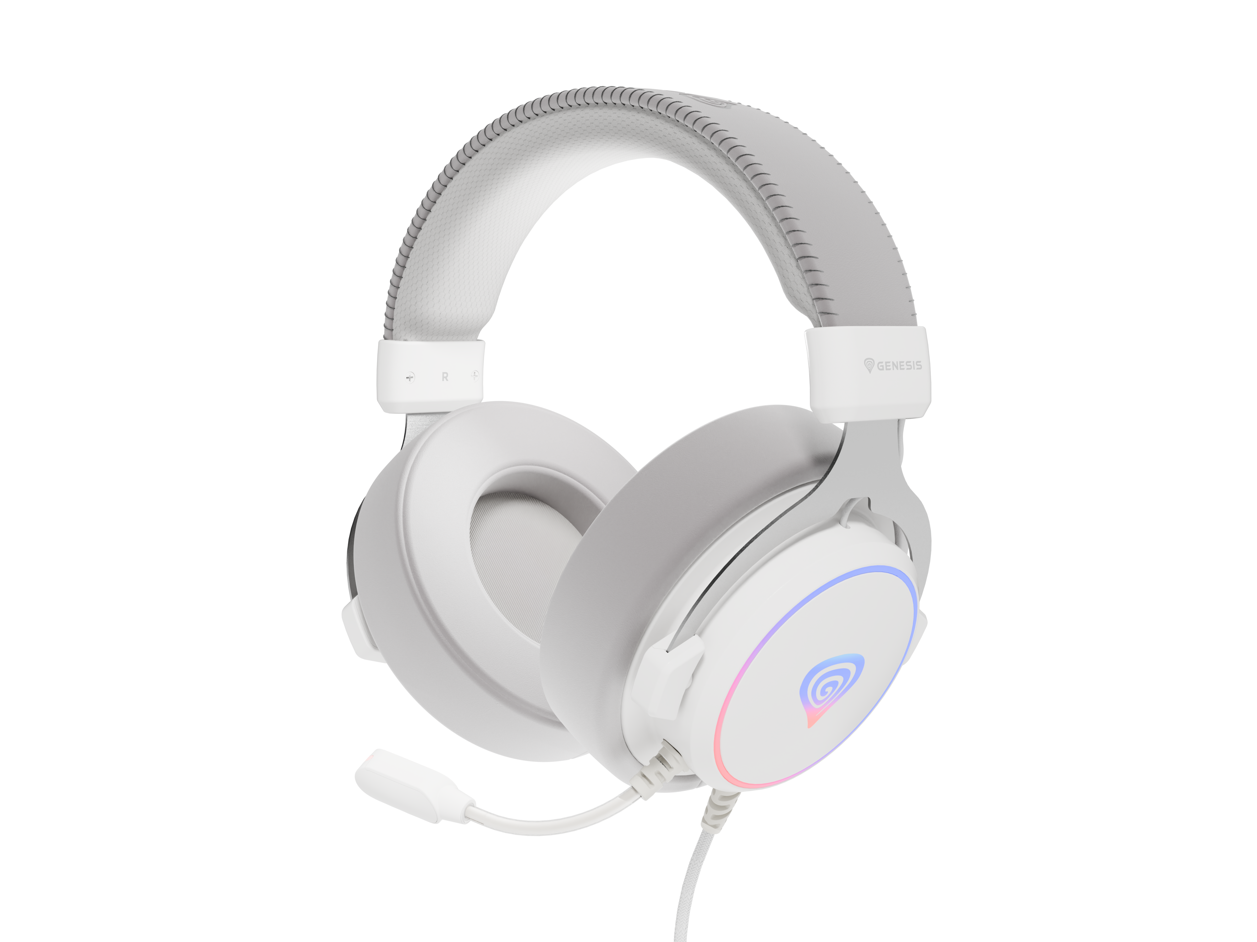 Biało-szary zestaw słuchawkowy dla graczy z mikrofonem. Nausznik ma świecący design. Tło jest czarne.