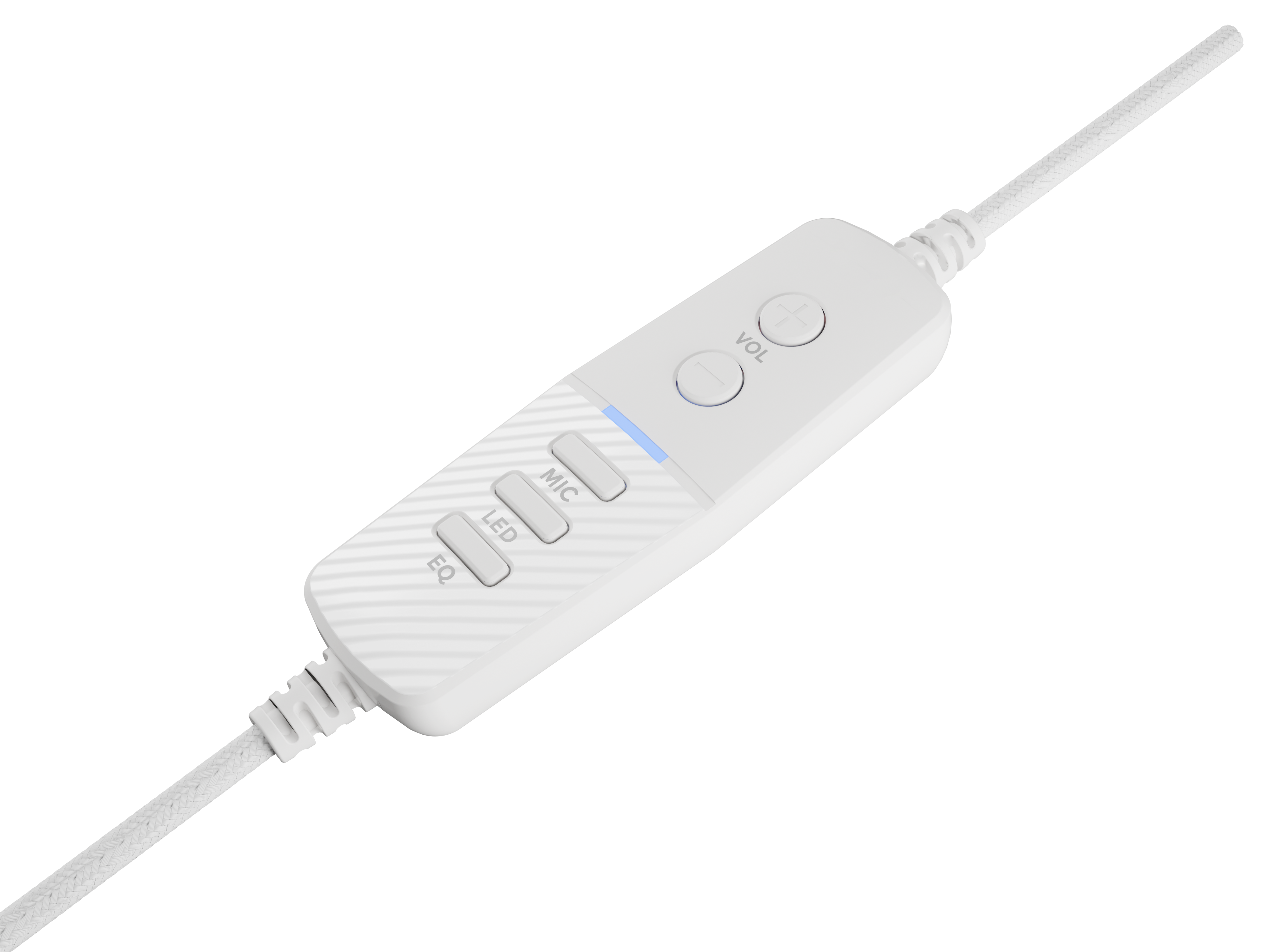 Biała kontrola zestawu słuchawkowego z przyciskami EQ, LED, MIC i regulacją głośności. Niebieskie światło wskazuje zasilanie. Tło jest czarne.