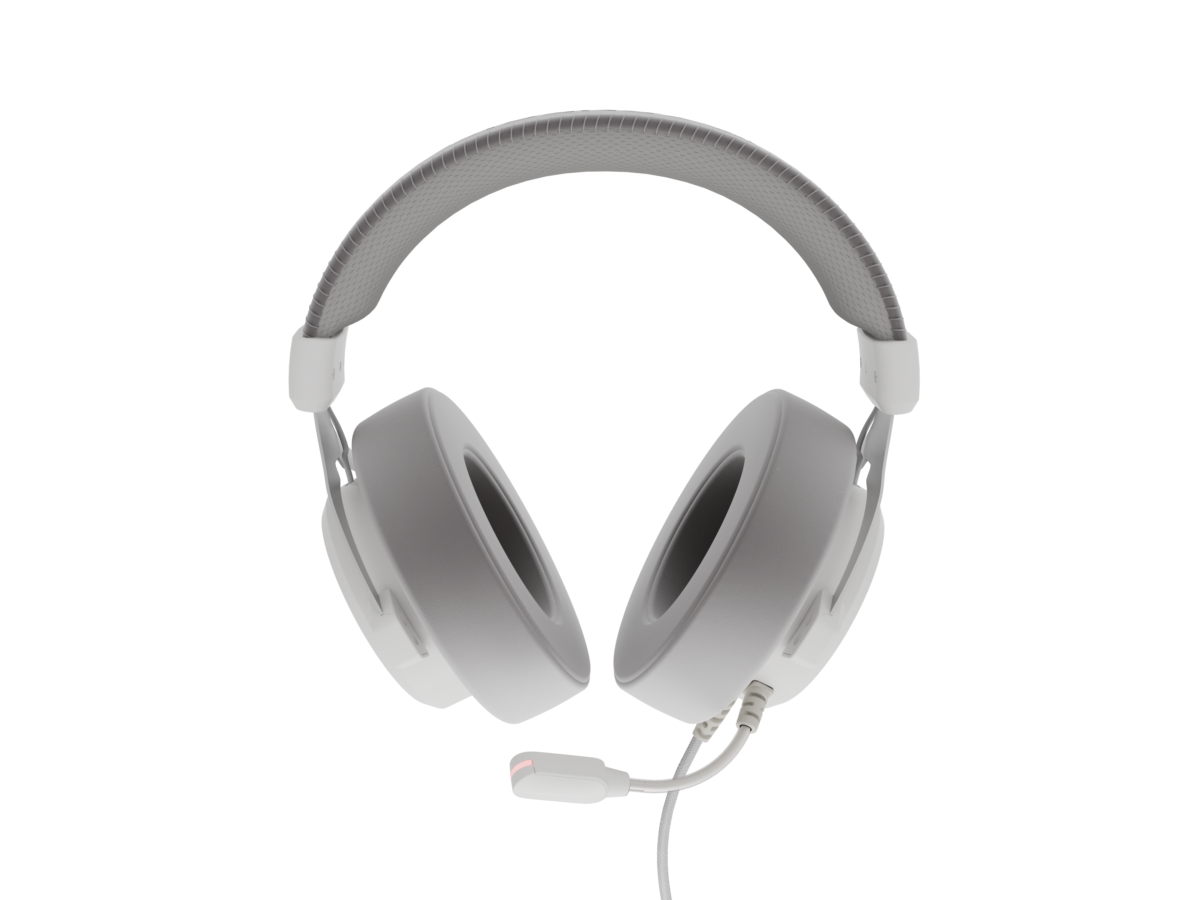 Białe słuchawki z mikrofonem. Mają szary pałąk i nauszniki. Tło jest czarne.