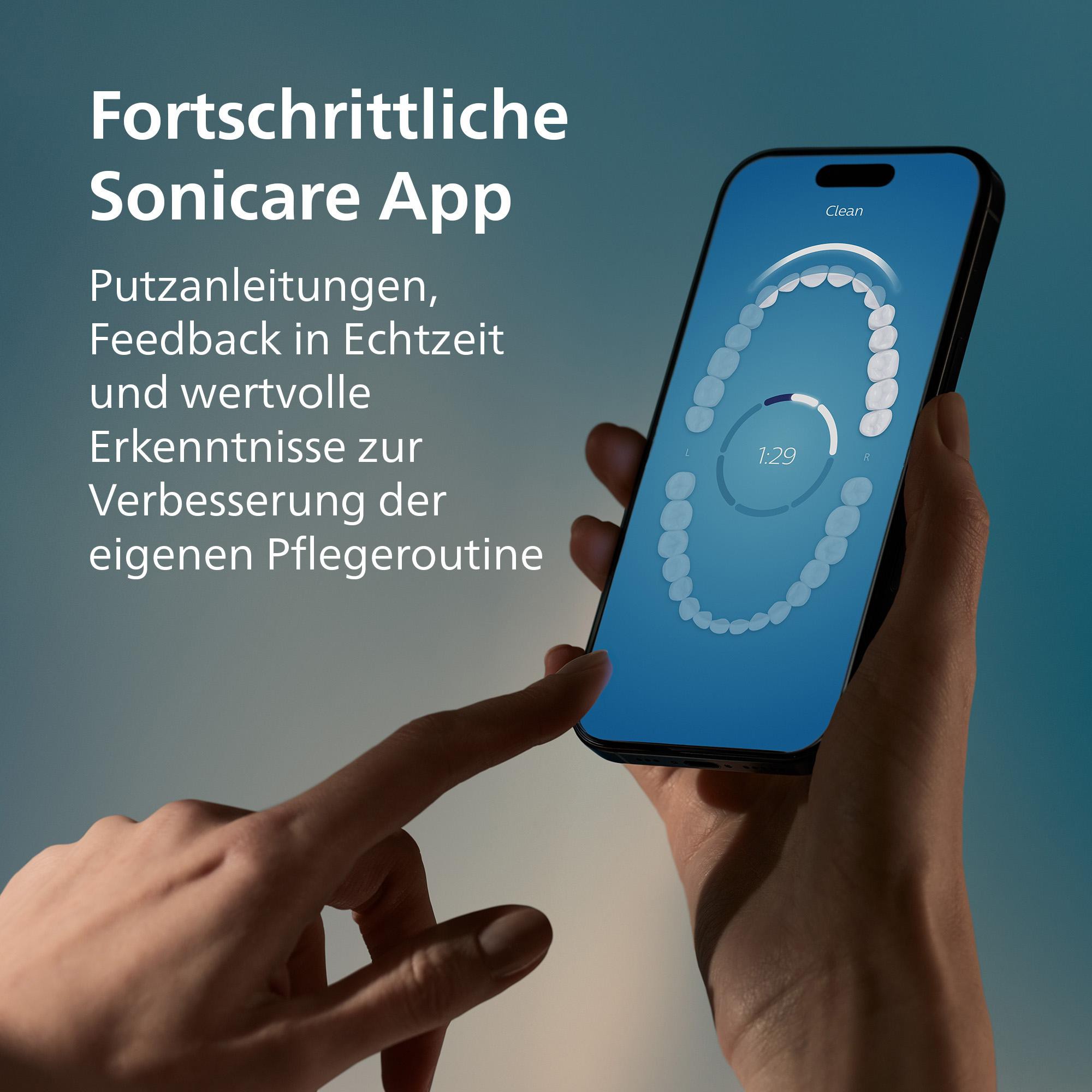 Eine Hand hält ein Telefon mit Zahnputzfortschritt. Text: 'Sonicare App'.