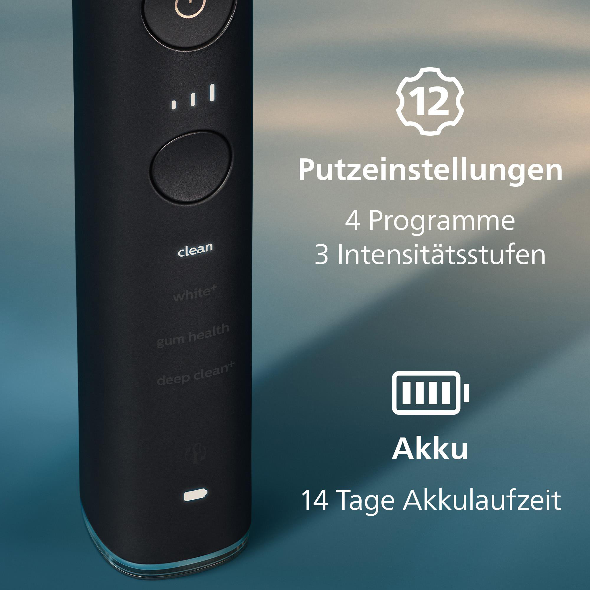 Schwarze Zahnbürste mit Tasten und Einstellungen. Text: 'clean', 'white+', 'gum health', 'deep clean+'. Zeigt Akkulaufzeit.