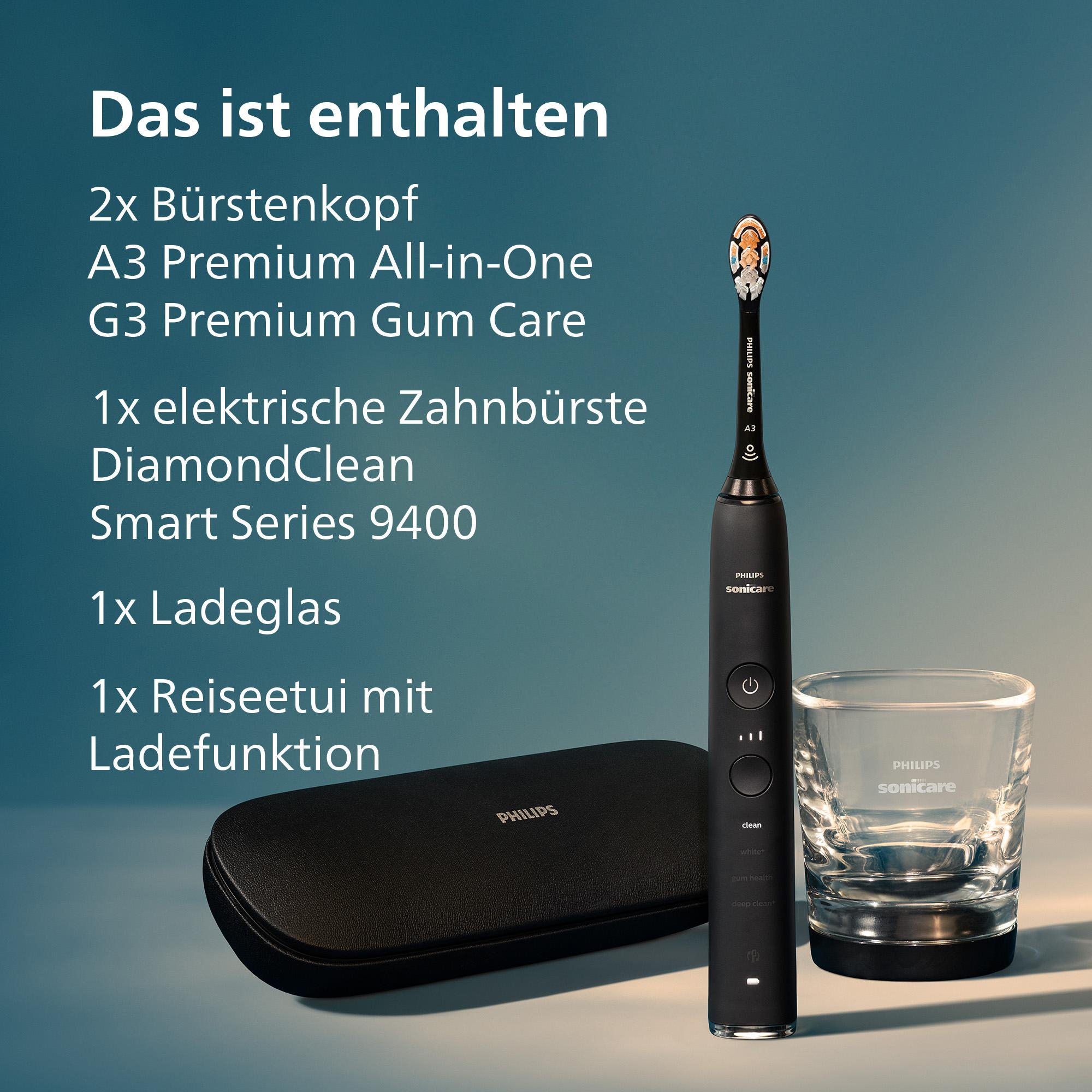 Eine schwarze Philips Sonicare Zahnbürste, Ladeglas, Reiseetui und Text mit den enthaltenen Artikeln.