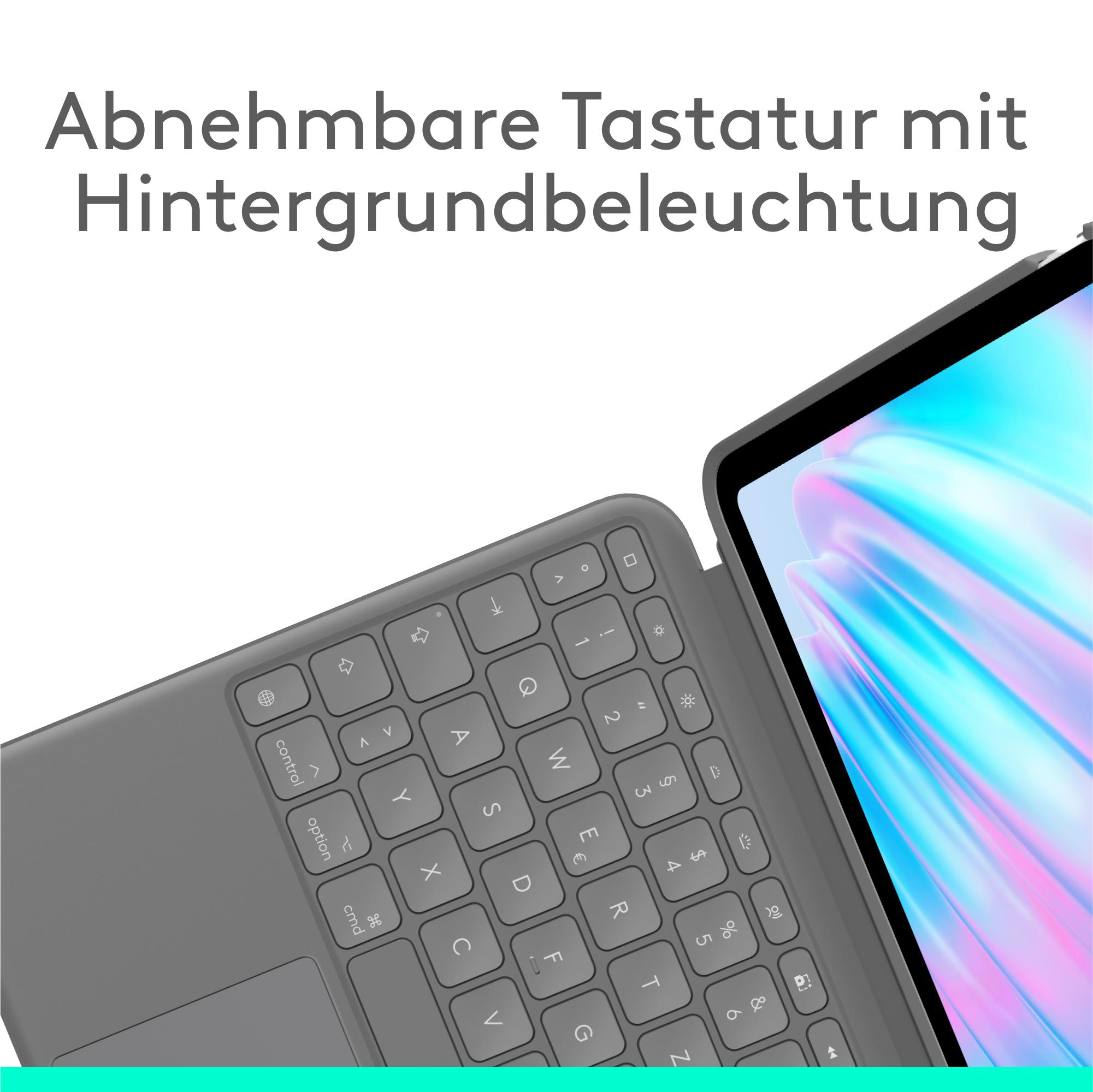 Abnehmbare Tastatur mit Hintergrundbeleuchtung und Tablet-Bildschirm. Die Tastatur ist grau und der Bildschirm zeigt ein buntes abstraktes Bild.