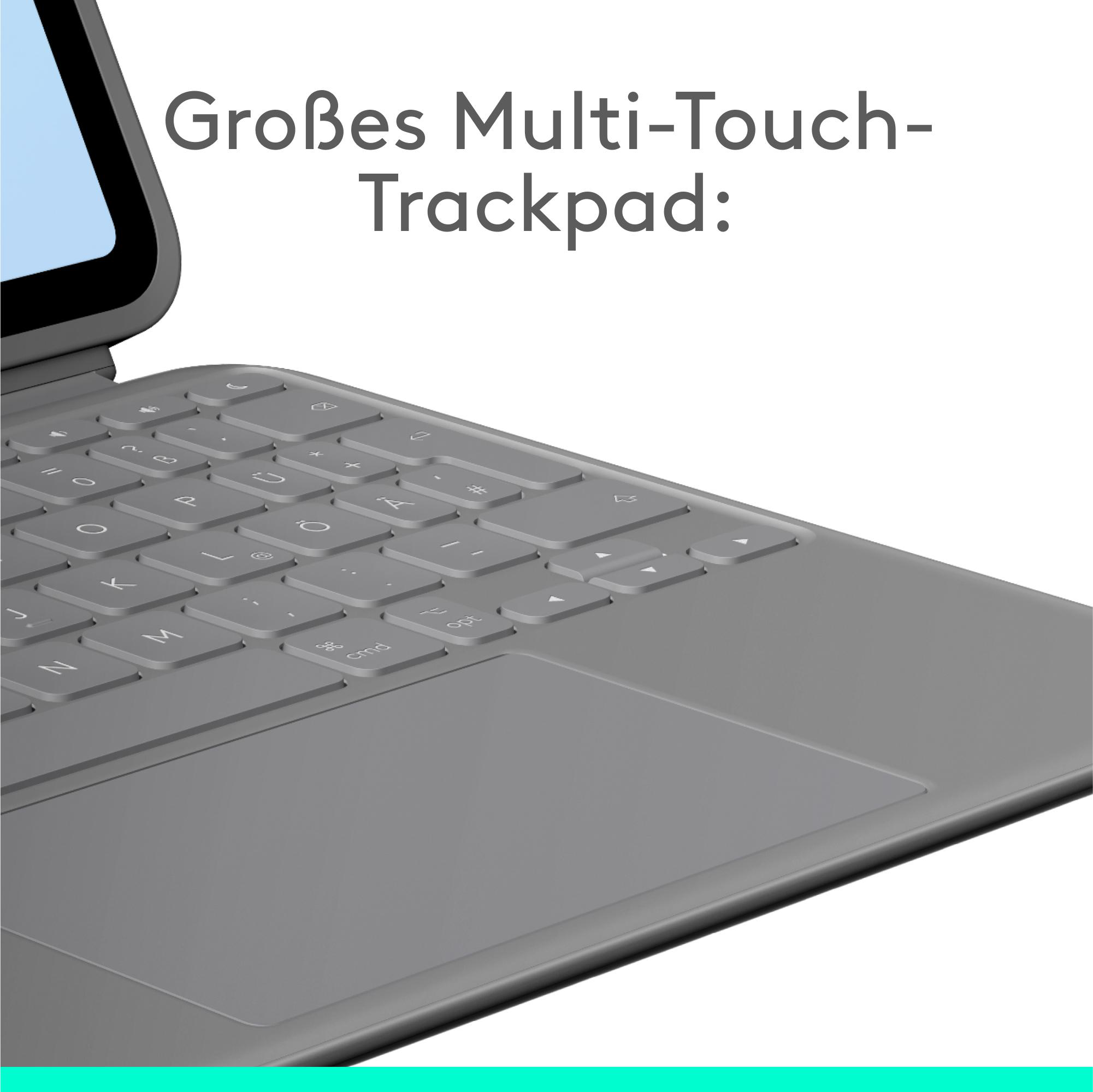 Nahaufnahme einer grauen Tastatur und eines Trackpads. Der Text lautet 'Großes Multi-Touch-Trackpad:'.