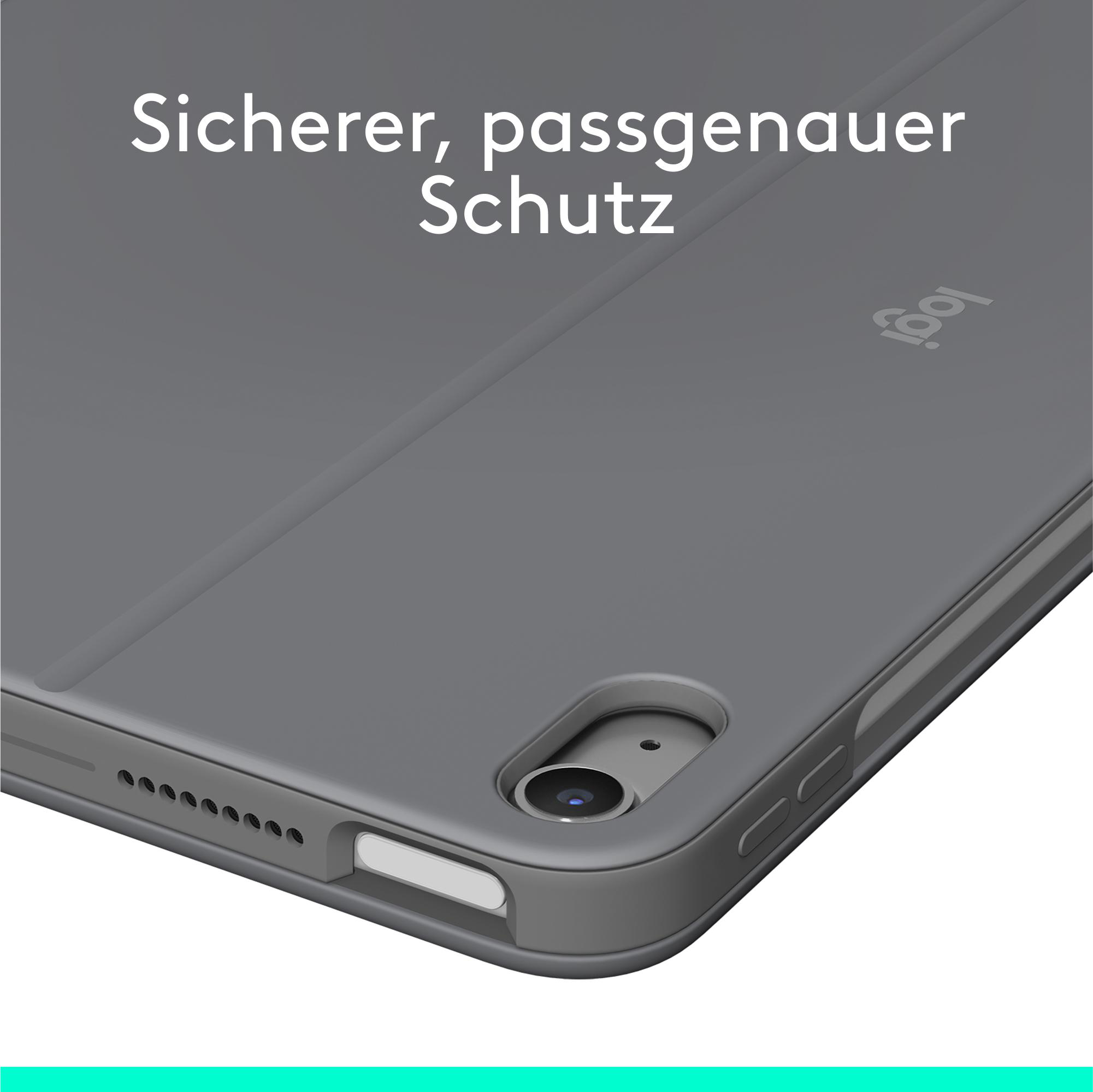 Eine graue Tablethülle mit dem Wort 'Logi'. Der Text lautet 'Sicherer, passgenauer Schutz'.