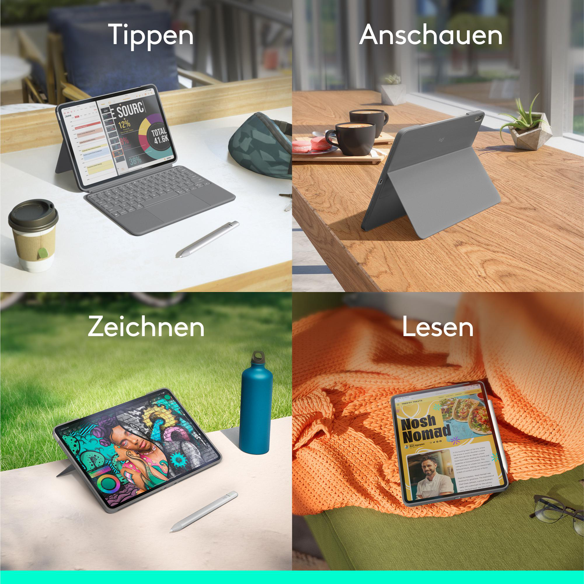 Vier Bilder, die ein Tablet zeigen, das zum Tippen, Anzeigen, Zeichnen und Lesen verwendet wird, mit verschiedenen Objekten darum.