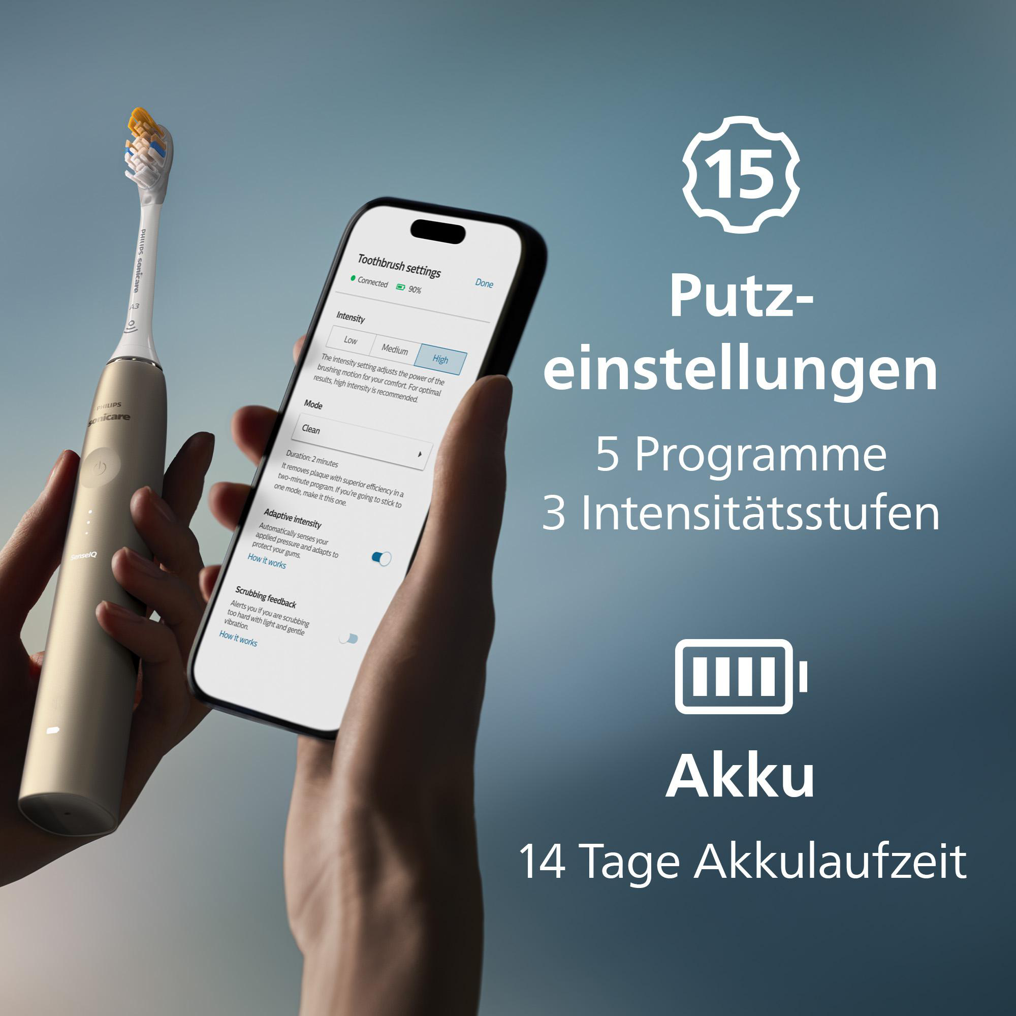 Eine Person hält eine Zahnbürste und ein Telefon mit Einstellungen. Text rechts: 15, Putz-einstellungen, Akku.